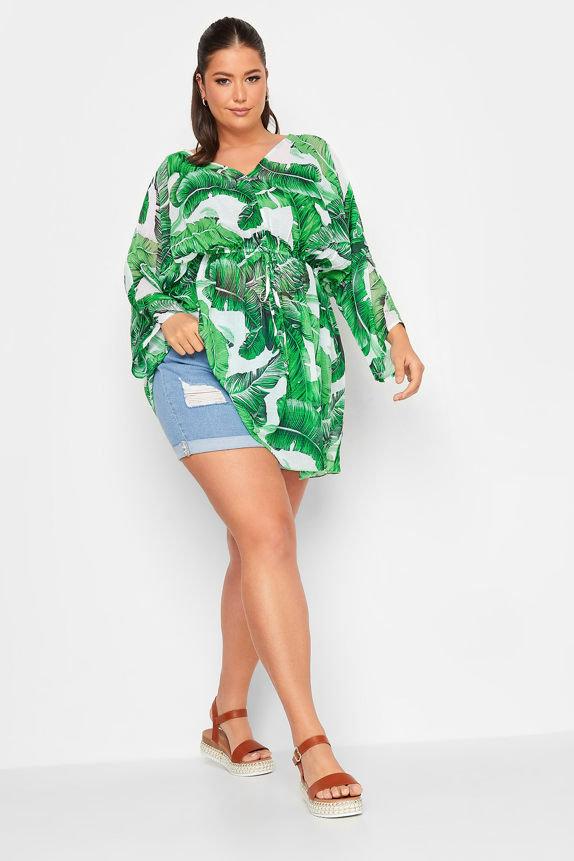 YOURS Plus Size Green Leaf Print Kimono | Yours Clothing 2