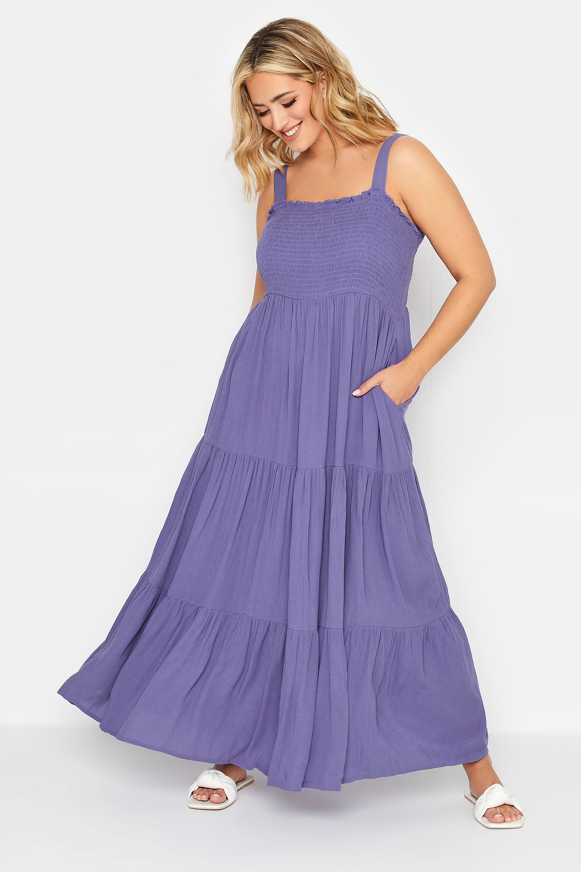 YOURS Plus Size Purple Shirred Strappy Sundress | Yours Clothing  1