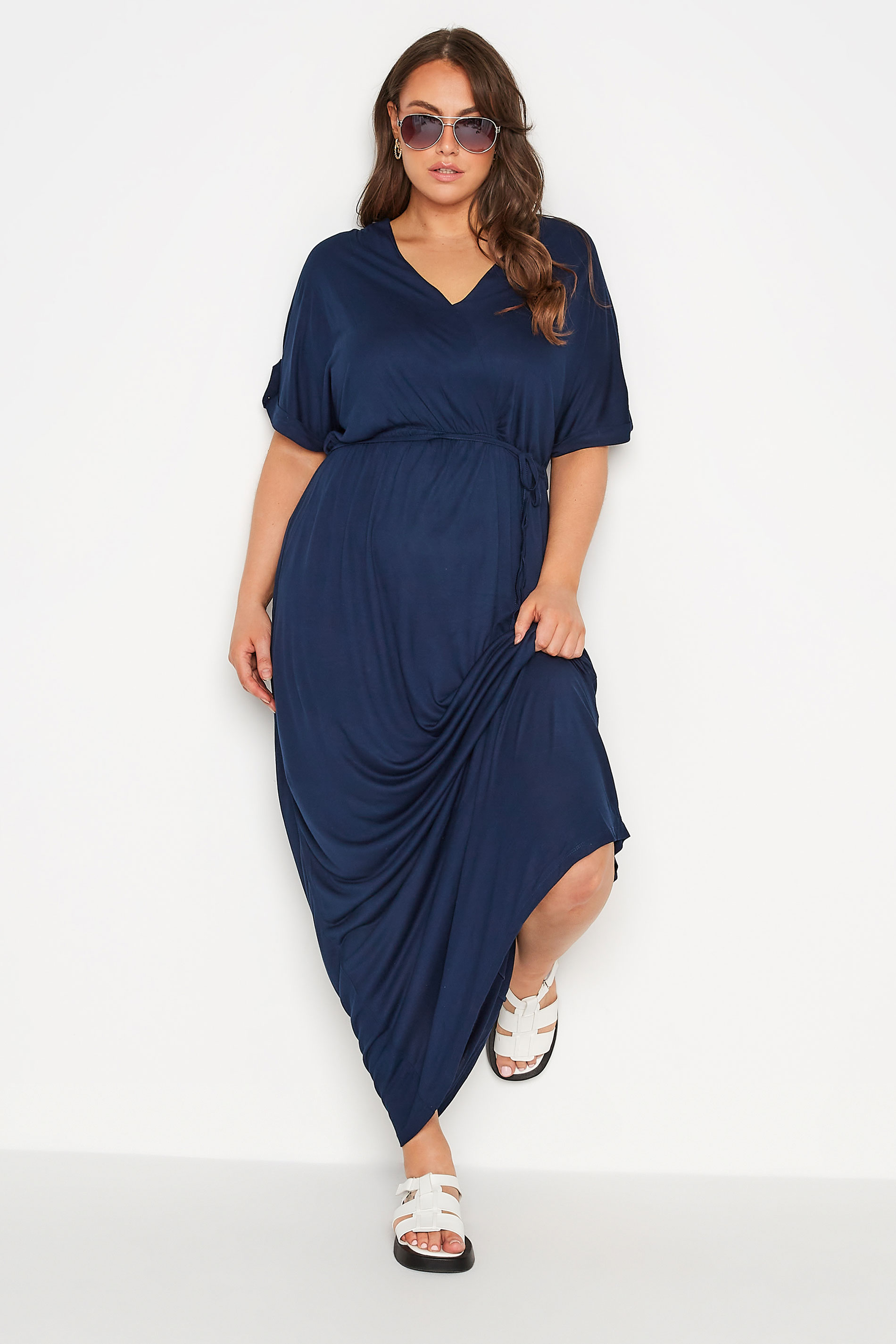 Robes Grande Taille Grande taille  Robes Longues | Robe Bleue Marine Maxi Manches Courtes en Jersey - TC79997