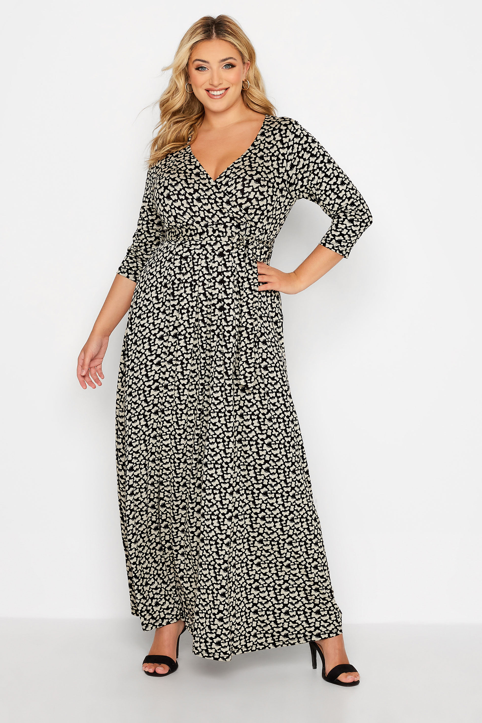 Plus Size Black Black Butterfly Print V-Neck Maxi Dress | Yours Clothing 2