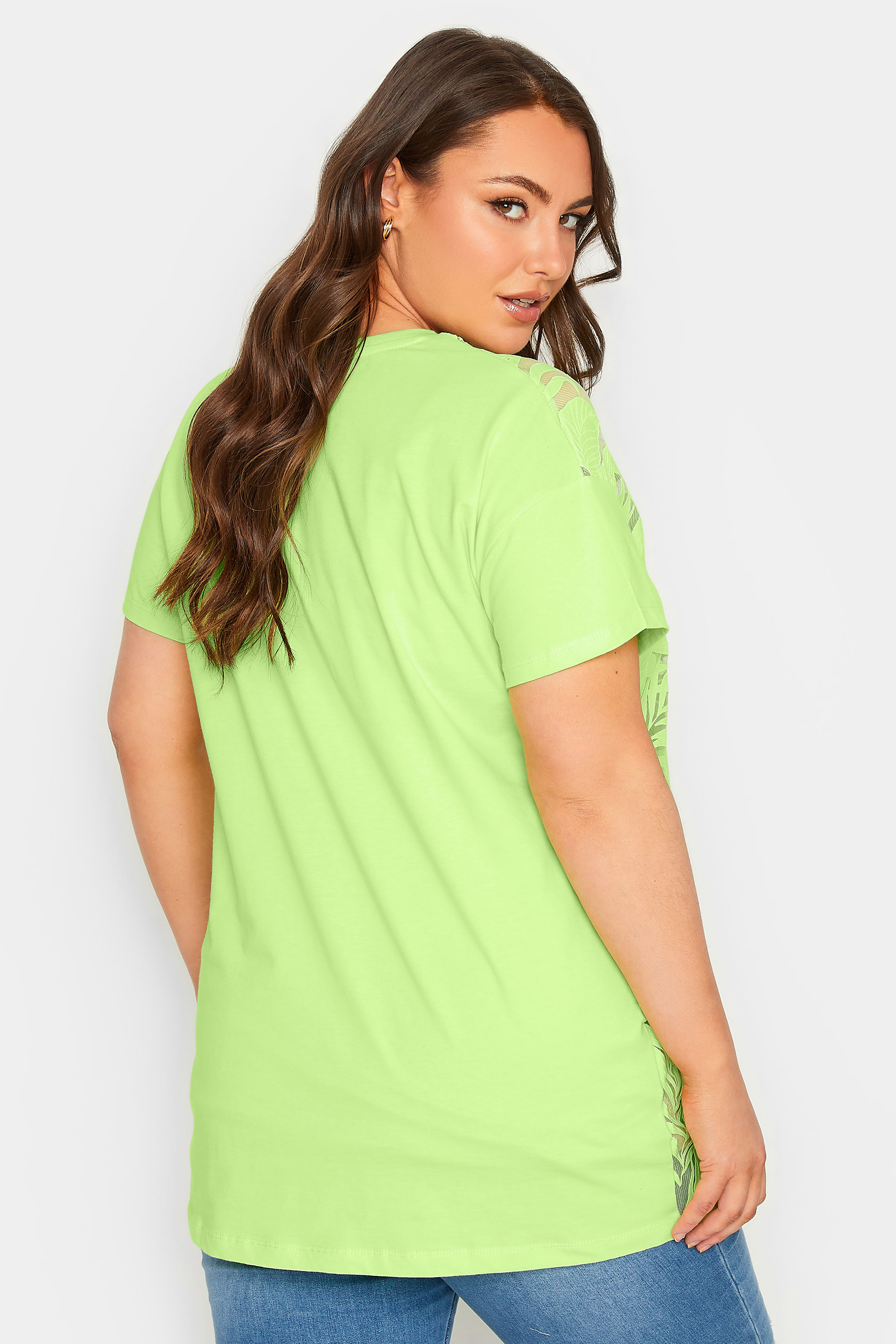 YOURS Plus Size Lime Green Floral Mesh Panel T-Shirt | Yours Clothing 3