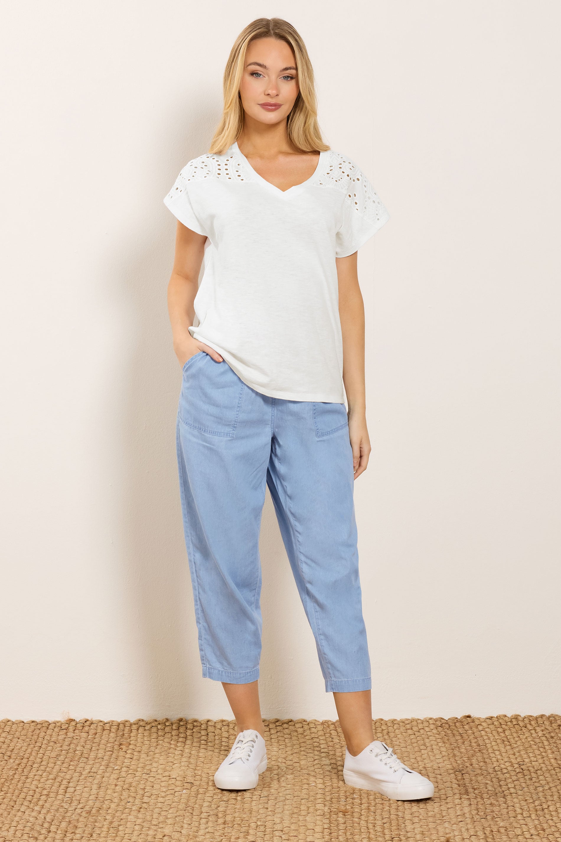 M&Co White Broderie V-Neck Cotton T-Shirt | M&Co  1