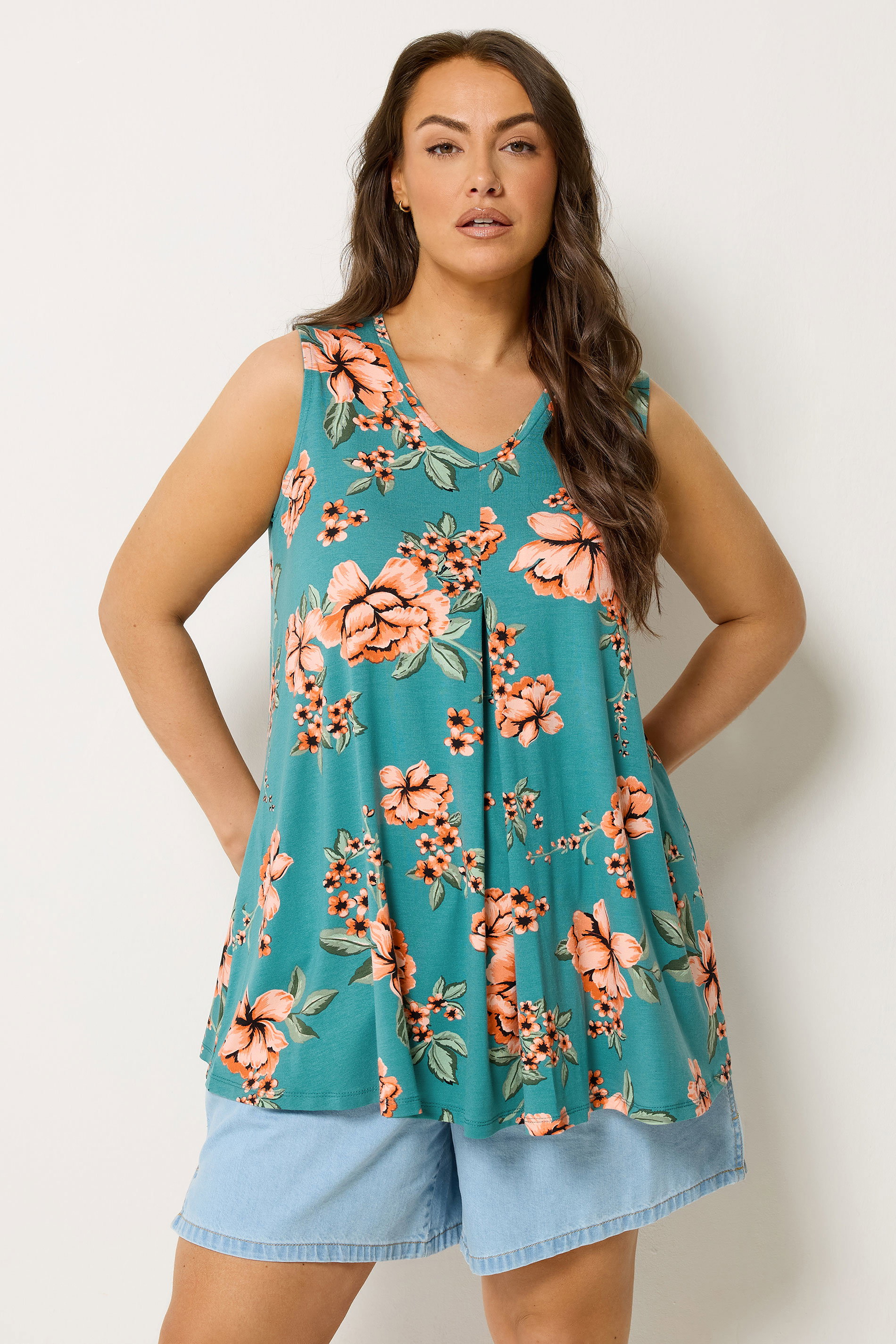 YOURS Plus Size Blue Floral Pleat Vest Top Yours Clothing