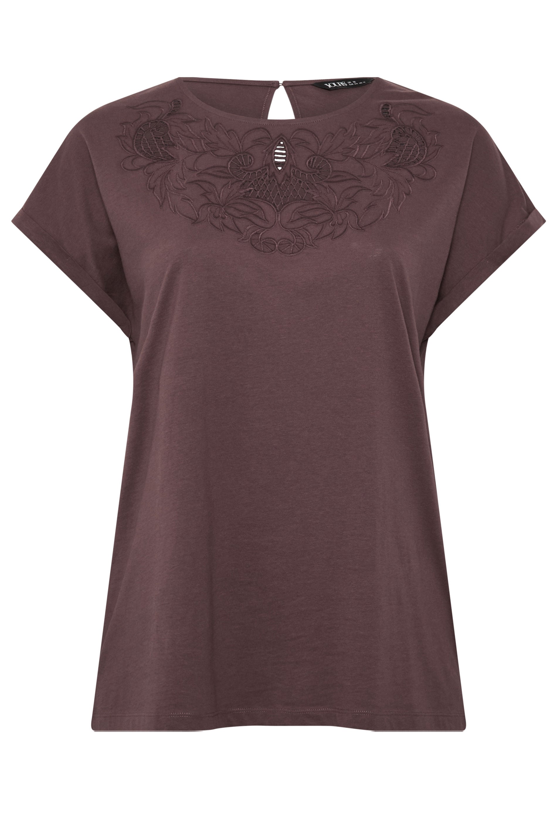 YOURS Plus Size Brown Broderie Anglaise Grown On Sleeve T-Shirt | Yours Clothing 5