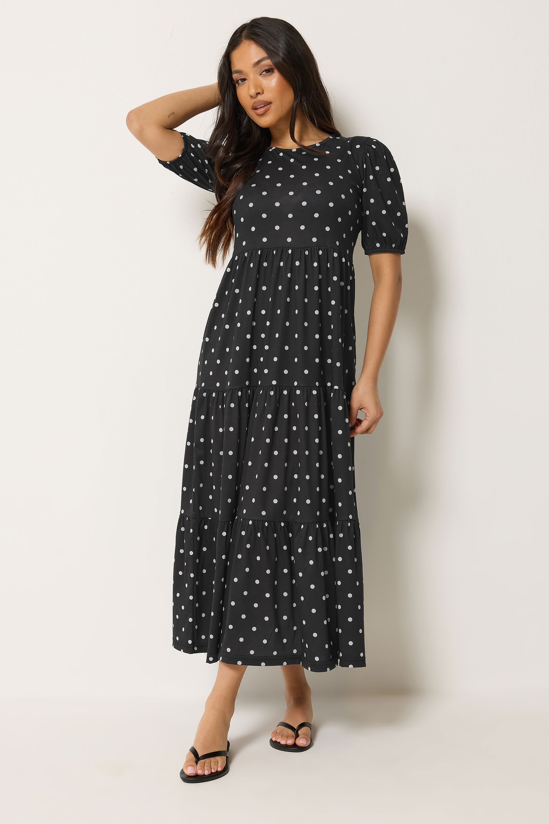 PixieGirl Petite Women's Black Polka Dot Tiered Maxi Dress | PixieGirl 3