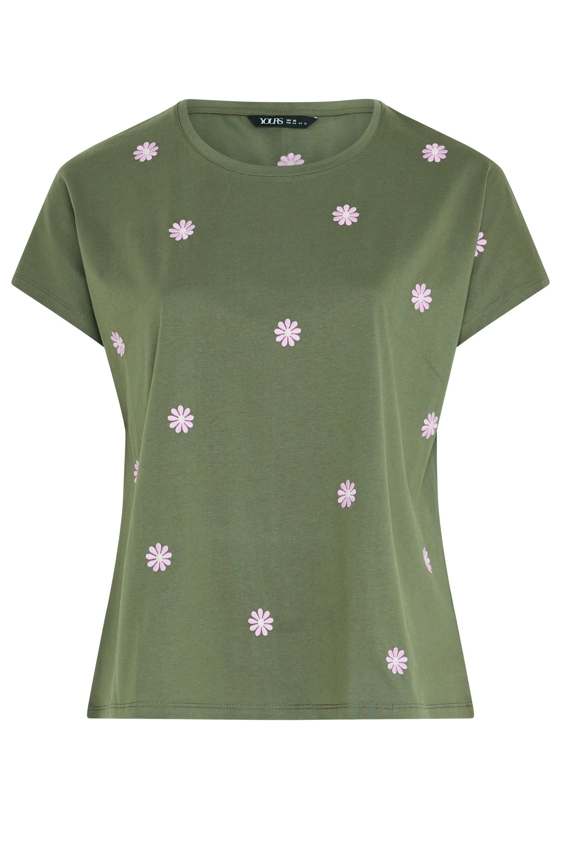 YOURS Plus Size Khaki Green Embroidered Daisy T-Shirt | Yours Clothing 5