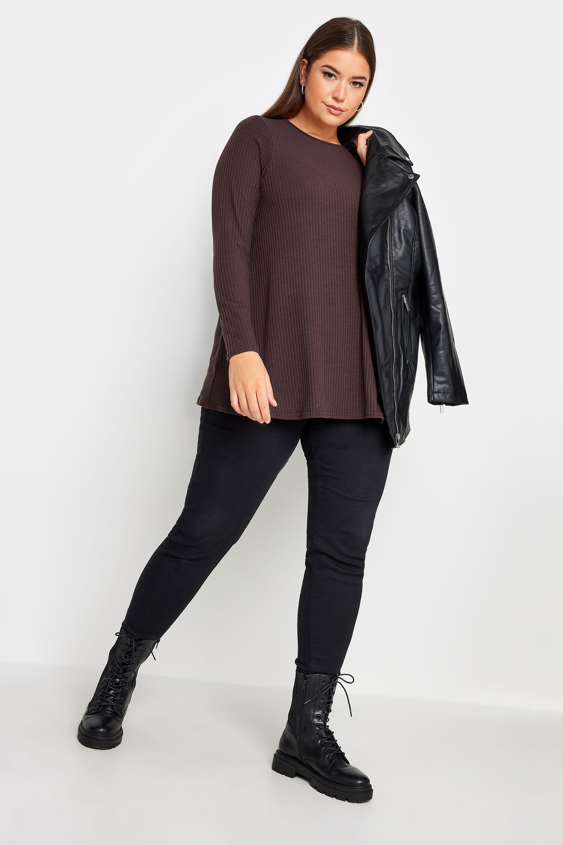 YOURS Plus Size Chocolate Brown Long Sleeve Ribbed Swing Top | Yours Clothing 3