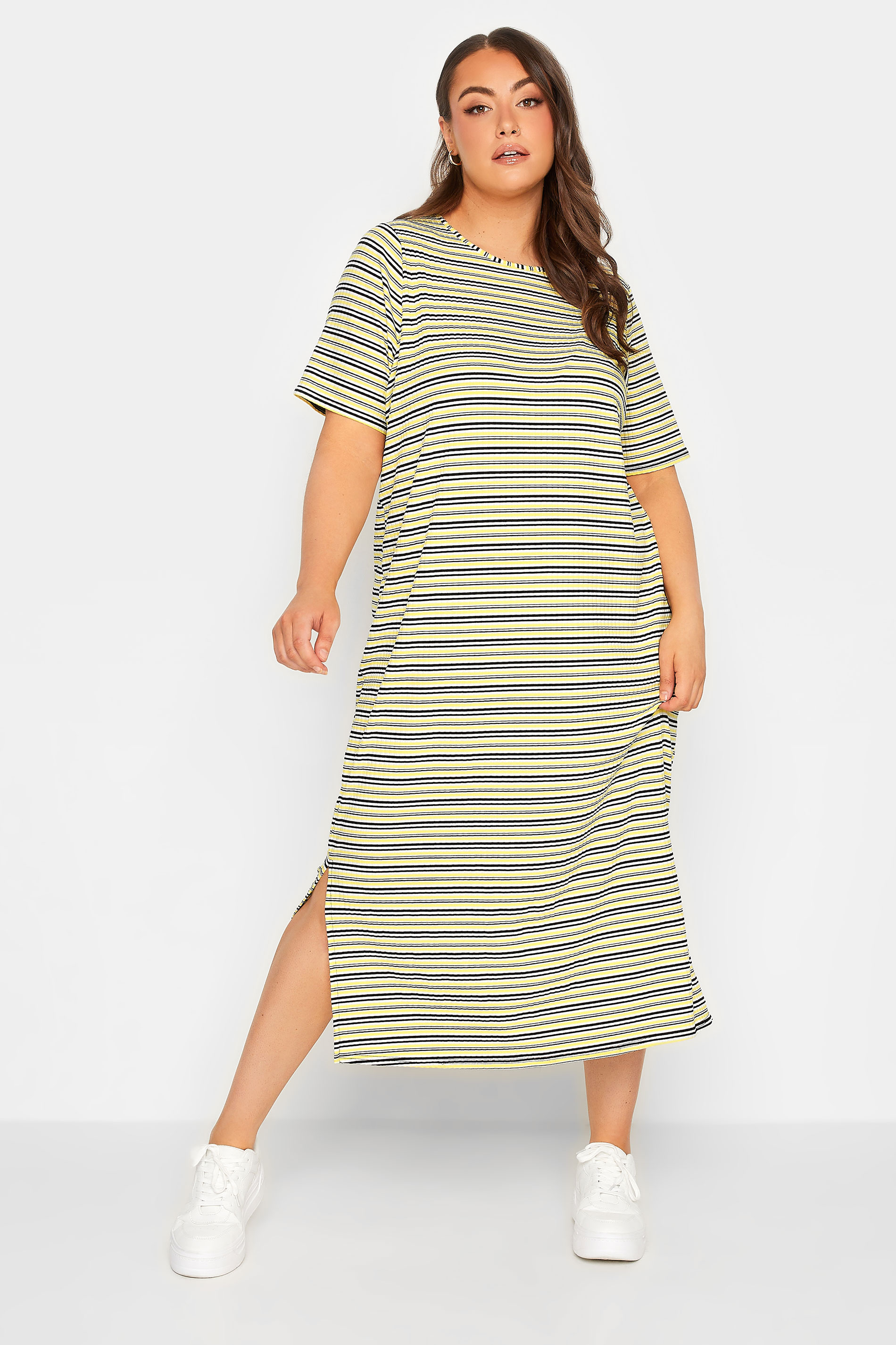 YOURS Plus Size Yellow Stripe Maxi T-Shirt Dress | Yours Clothing 1
