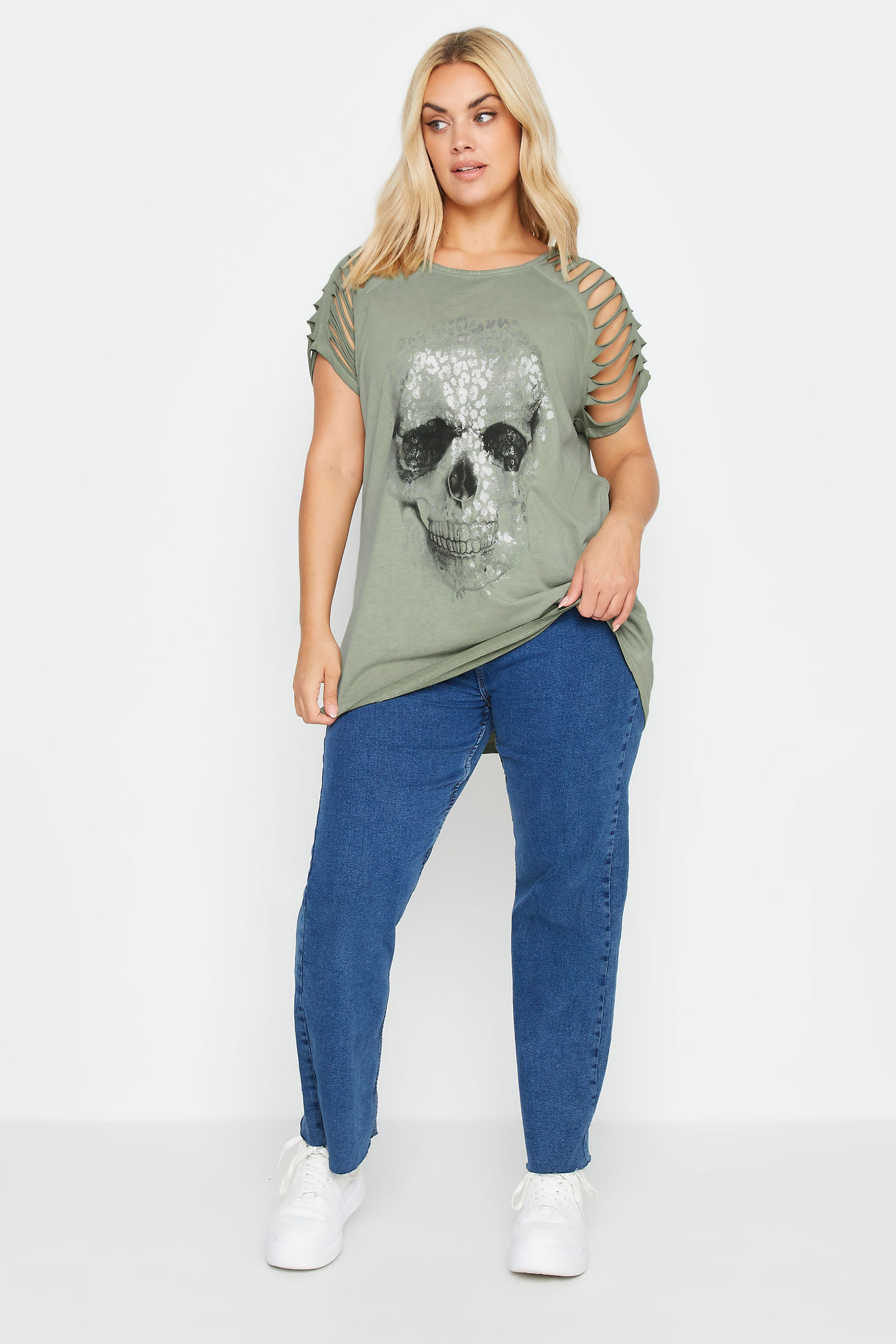 YOURS Plus Size Green Foil Skull Print T-Shirt | Yours Clothing 2