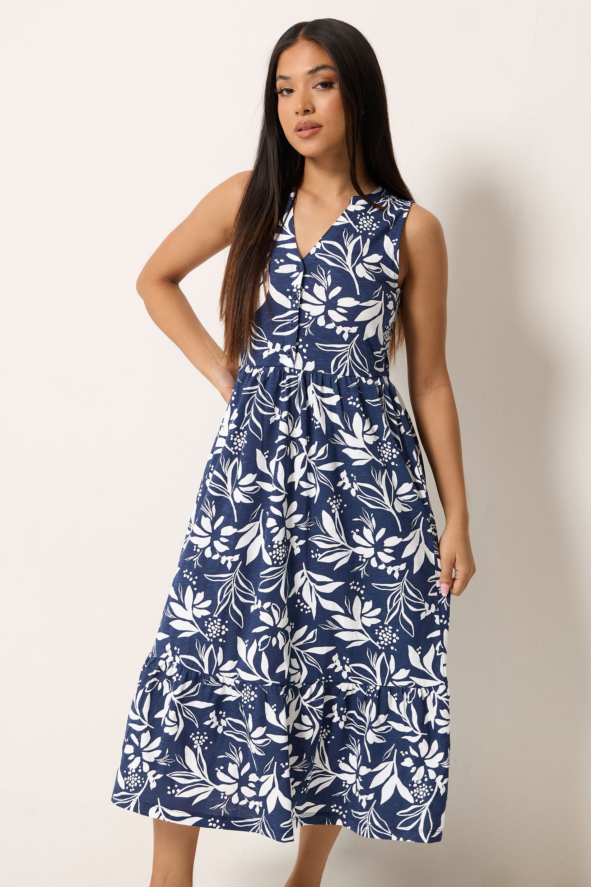 M&Co Petite Navy Blue Leaf Print Sleeveless Cotton Midi Dress | M&Co 3
