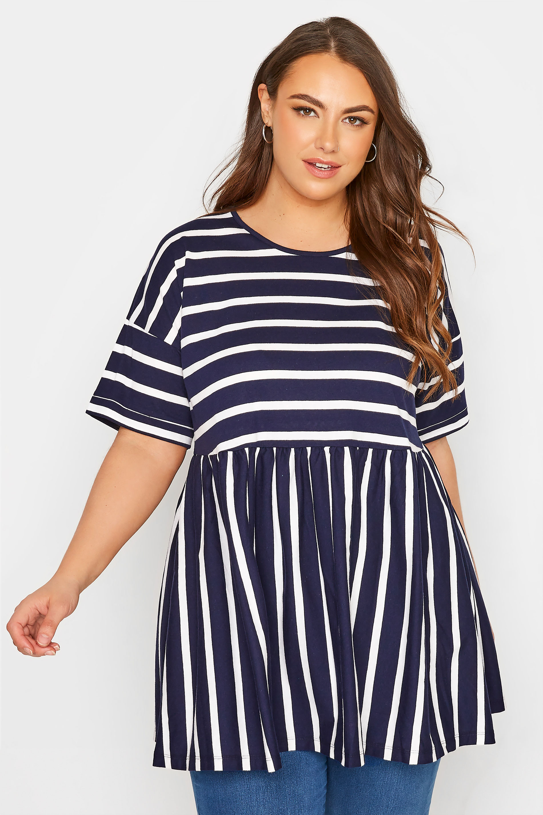Plus Size Navy Blue Stripe Peplum Drop Shoulder Top | Yours Clothing 1