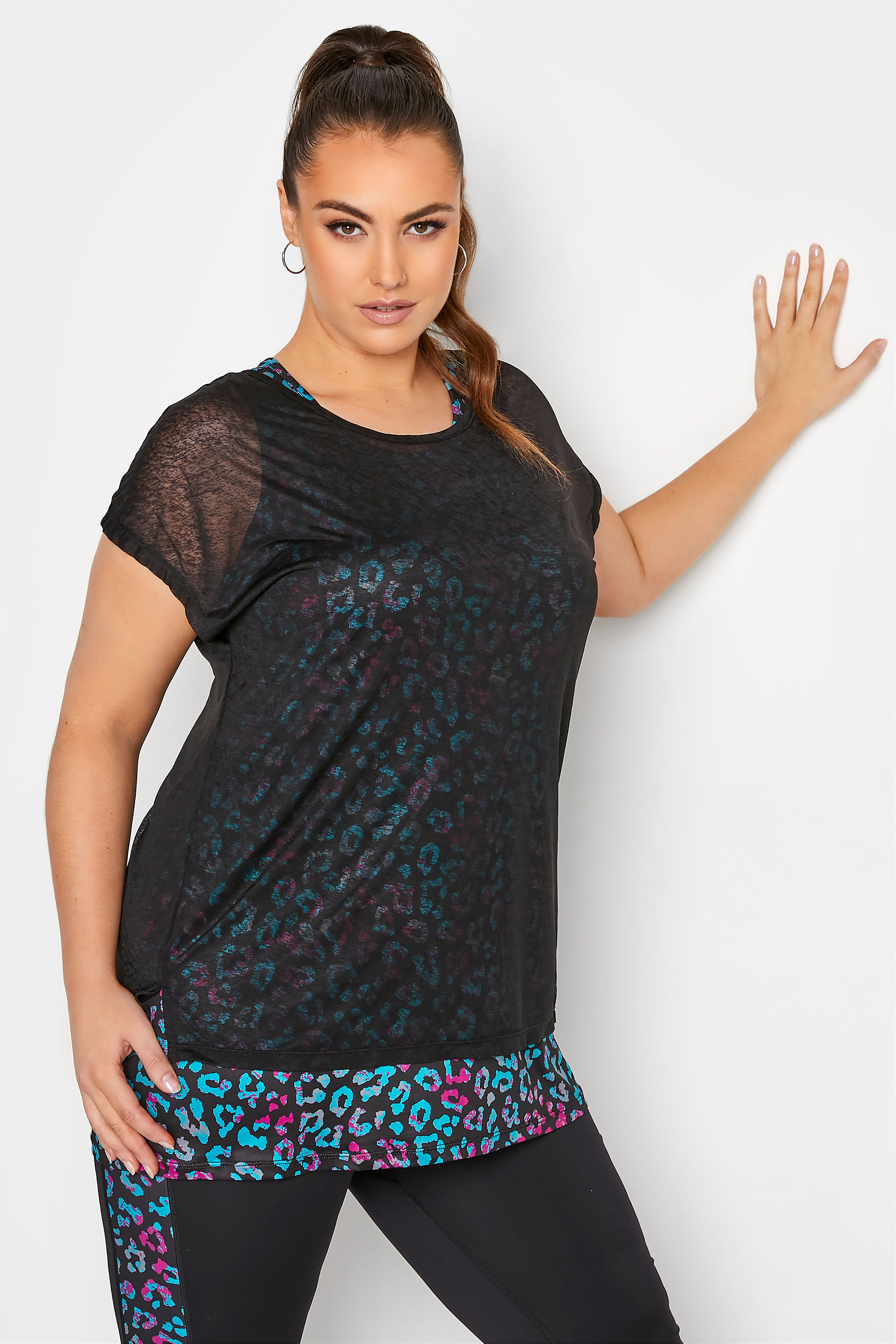 ACTIVE Plus Size Black Mesh Leopard Print 2 In 1 T-Shirt | Yours Clothing 1