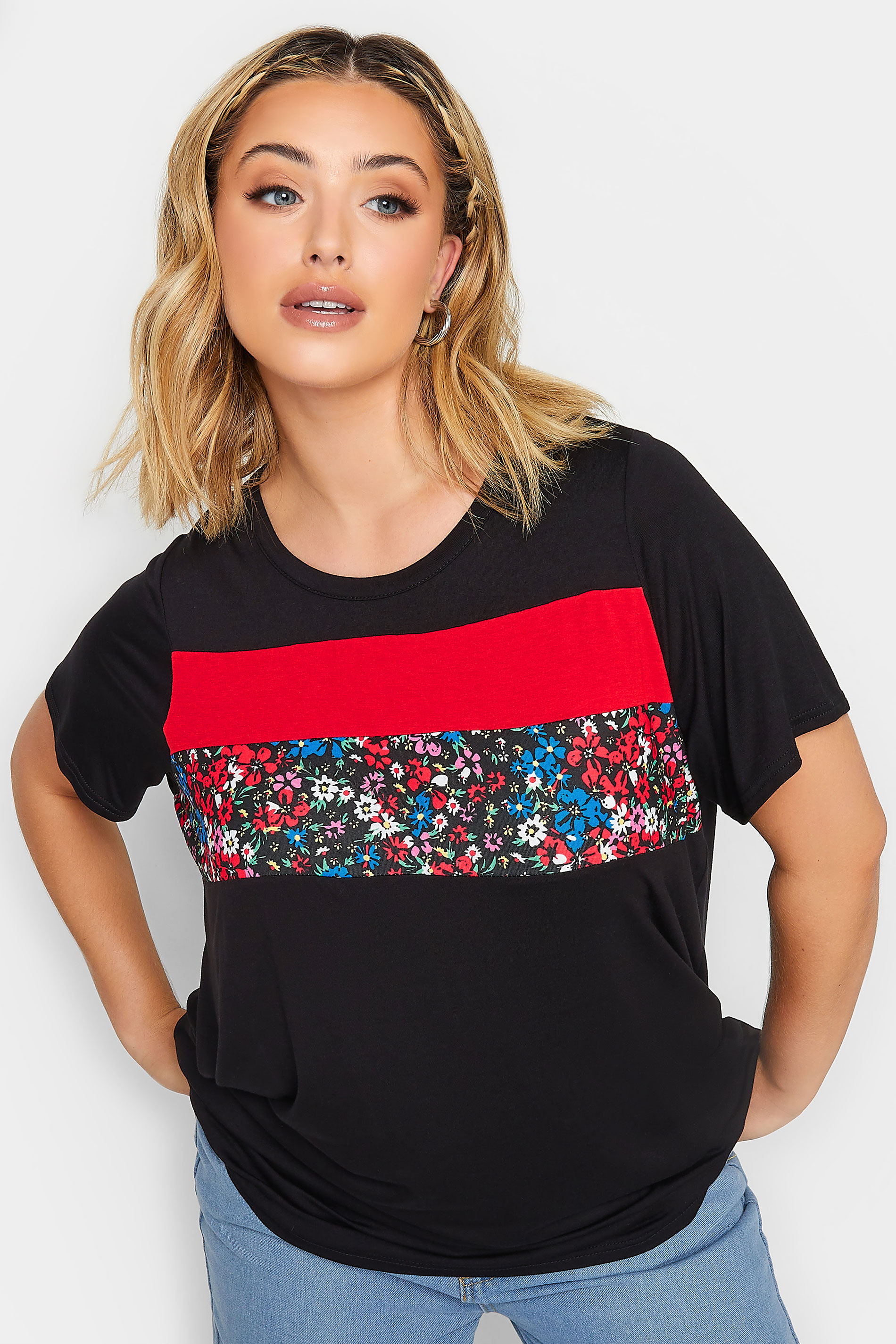 LIMITED COLLECTION Plus Size Curve Black Colourblock Floral Ditsy T-Shirt | Yours Clothing  1