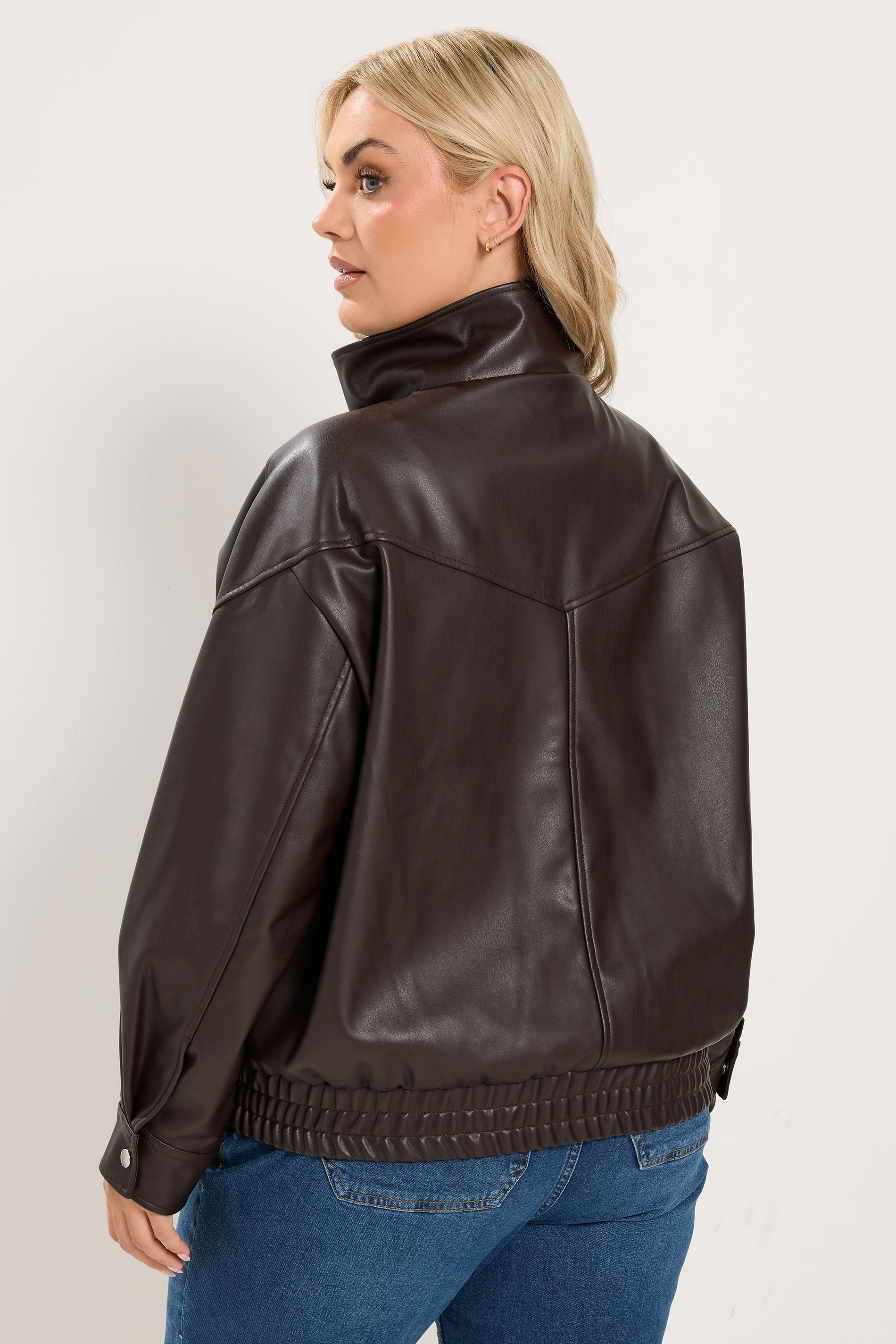 YOURS Plus Size Chocolate Brown Faux Leather Funnel Neck Jacket | Yours Clothing 4