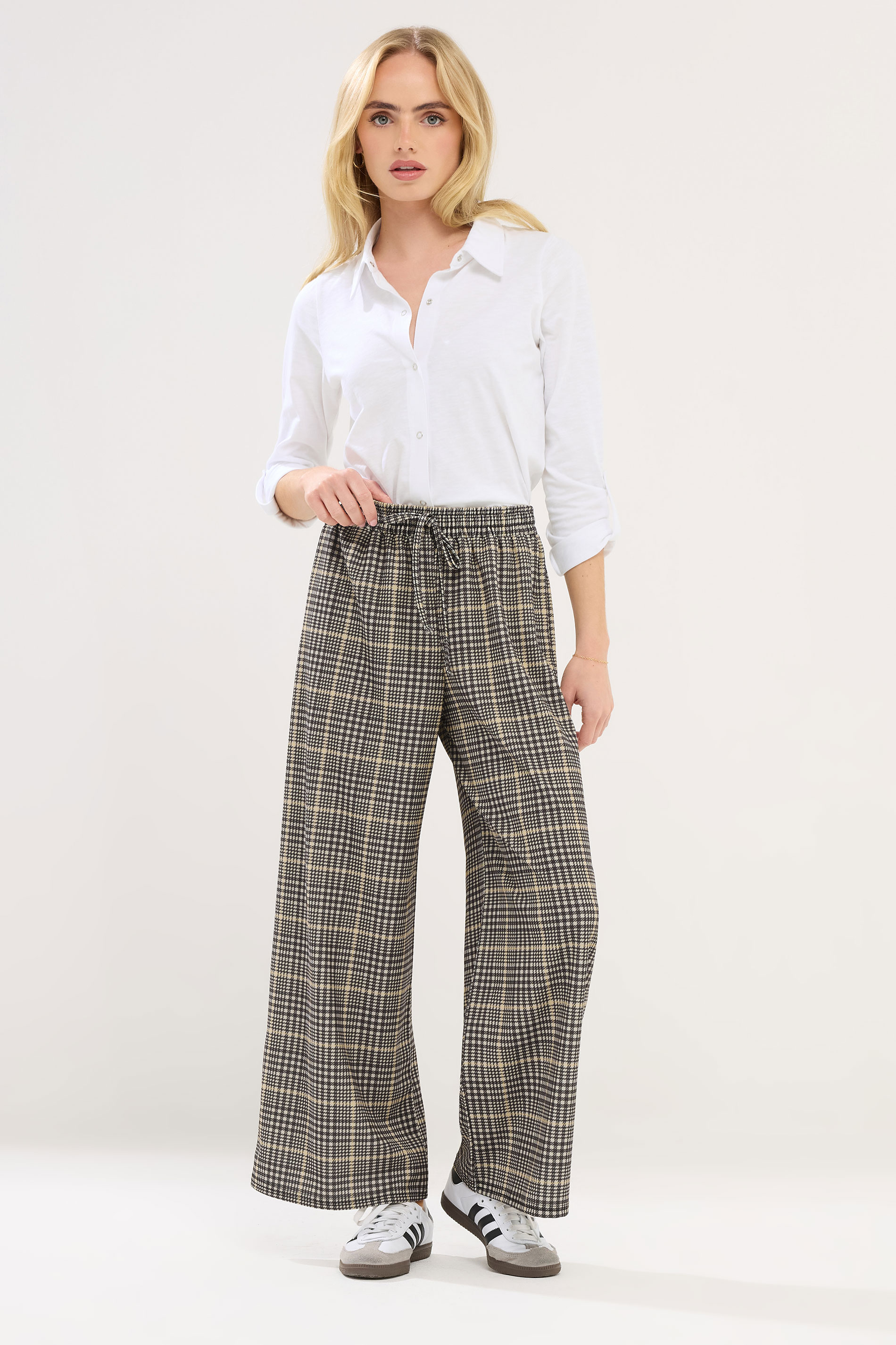 PixieGirl Petite Womens Brown Check Wide Leg Scuba Trousers | Pixiegirl 3