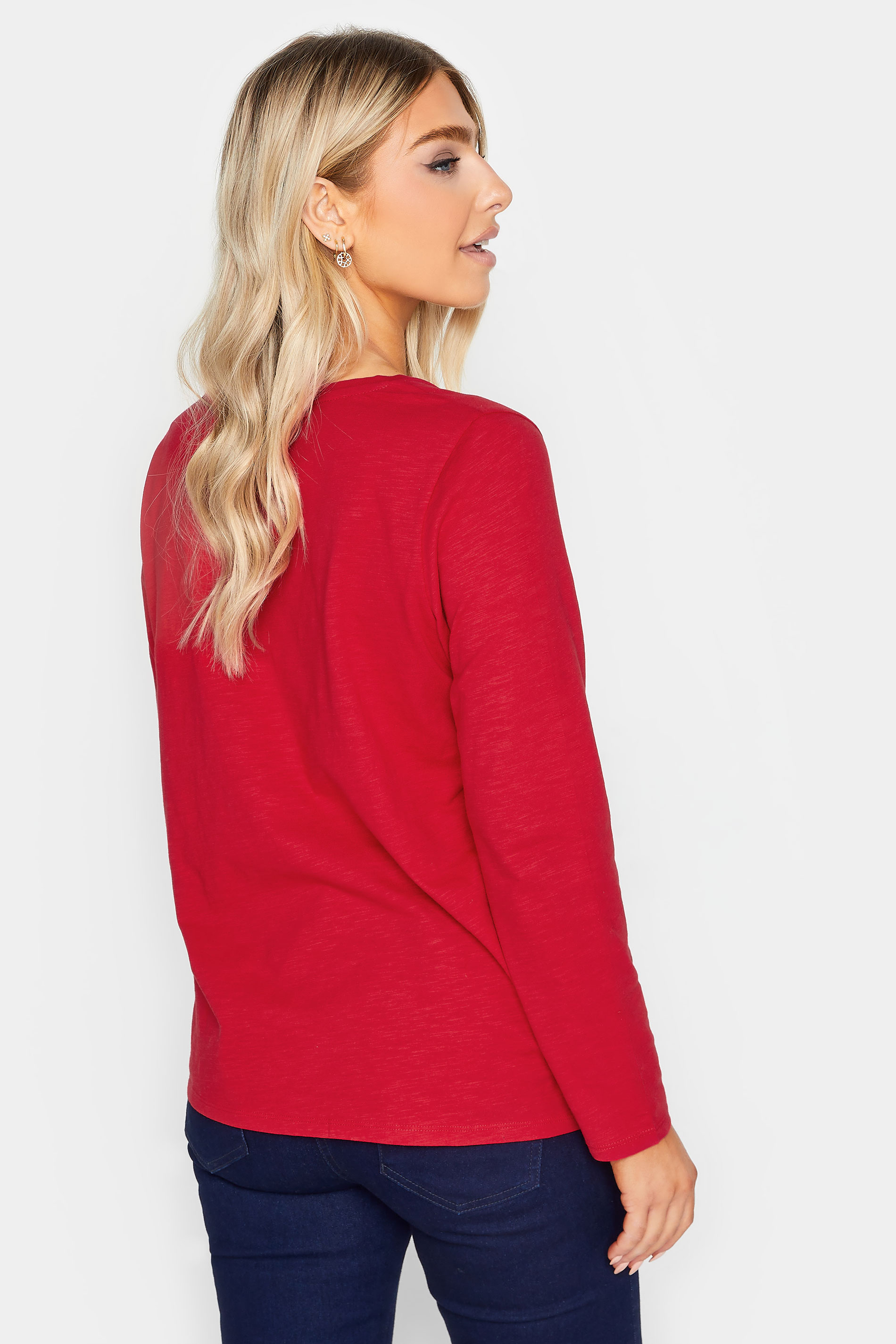 M&Co Red V-Neck Long Sleeve Cotton Blend T-Shirt | M&Co 3