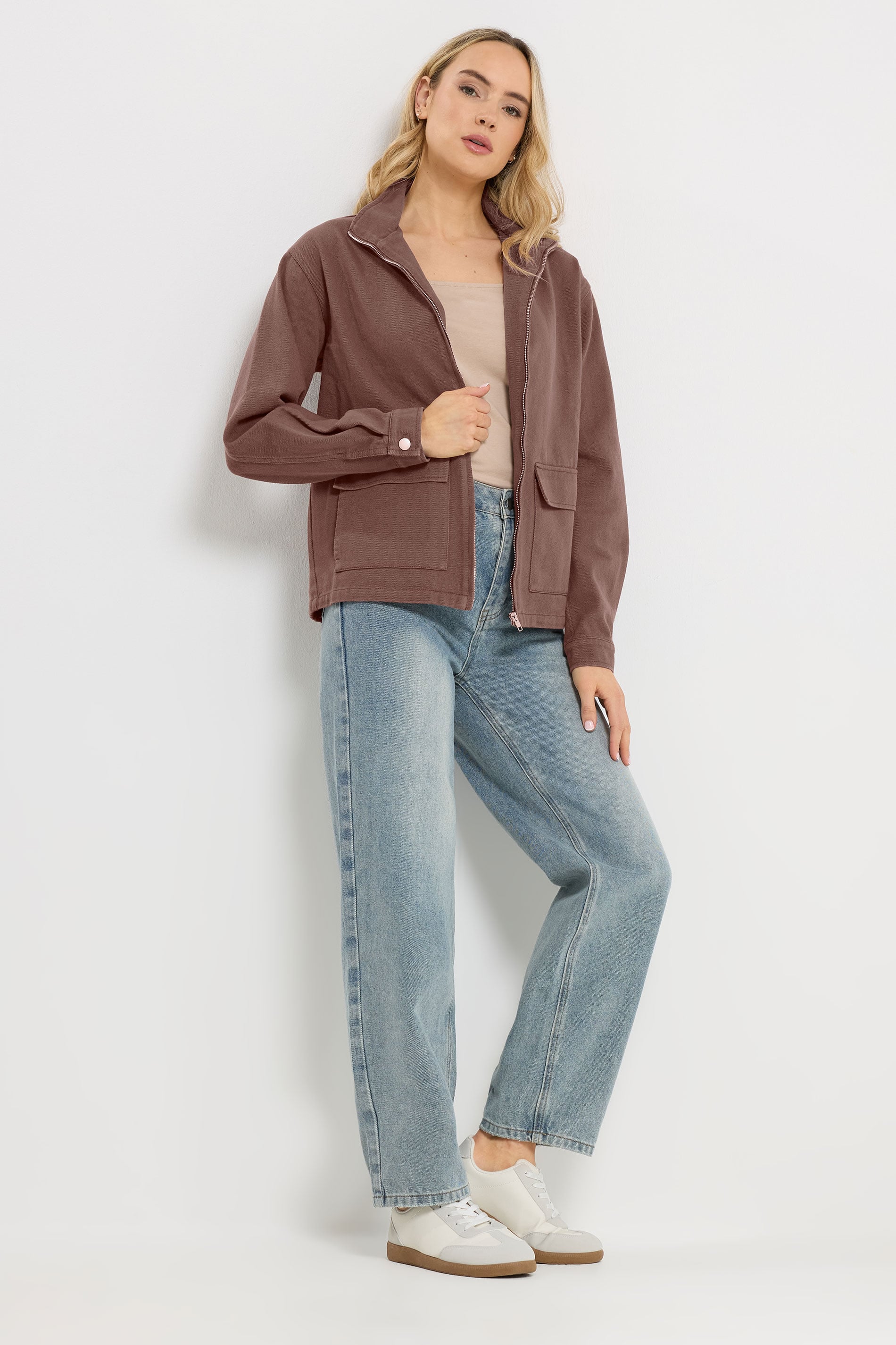 LTS Tall Women's Chocolate Brown Cotton Funnel Neck Jacket | Long Tall Sally 1