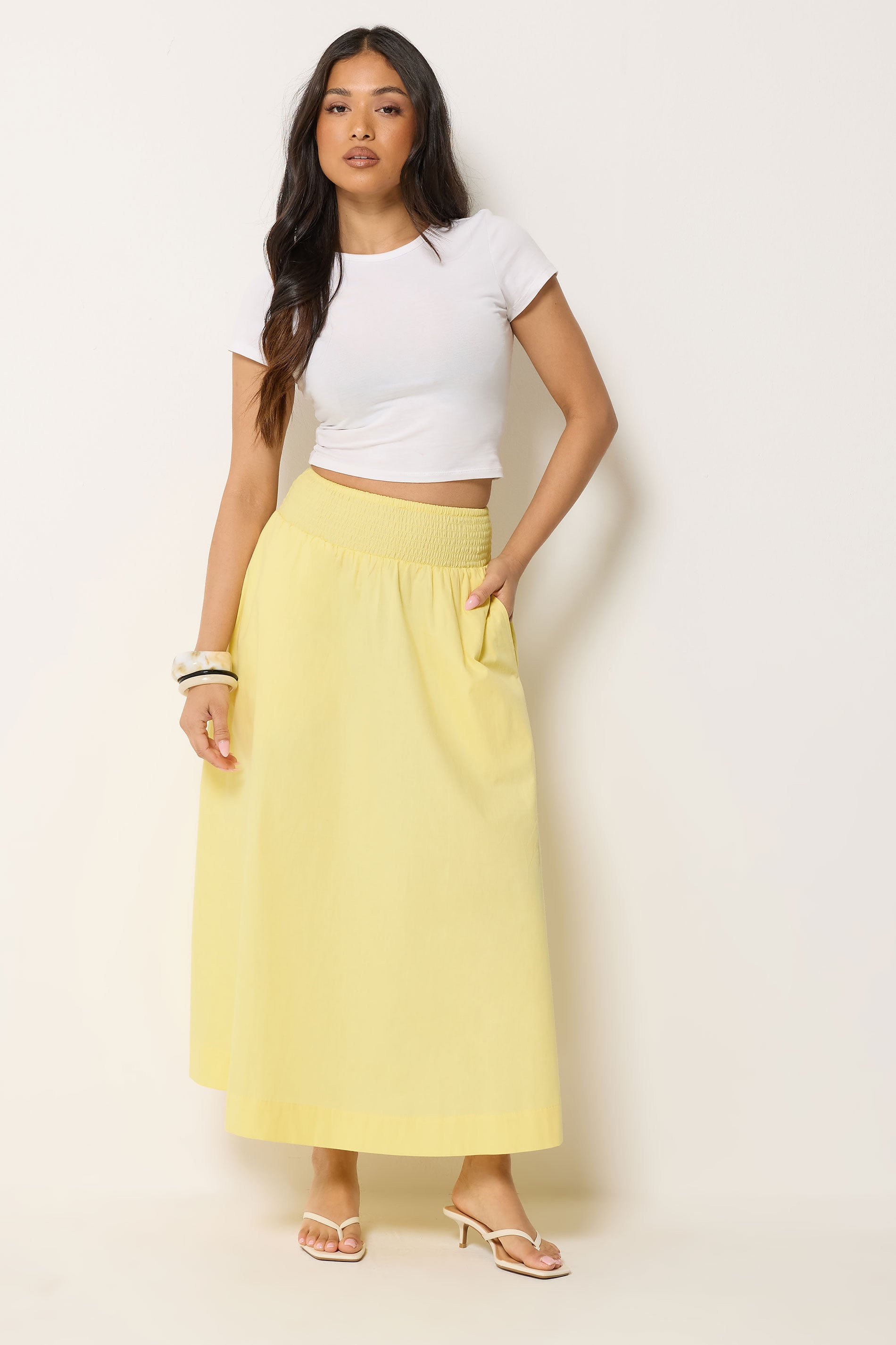 PixieGirl Petite Women's Yellow Poplin Shirred Cotton Maxi Skirt | PixieGirl 3