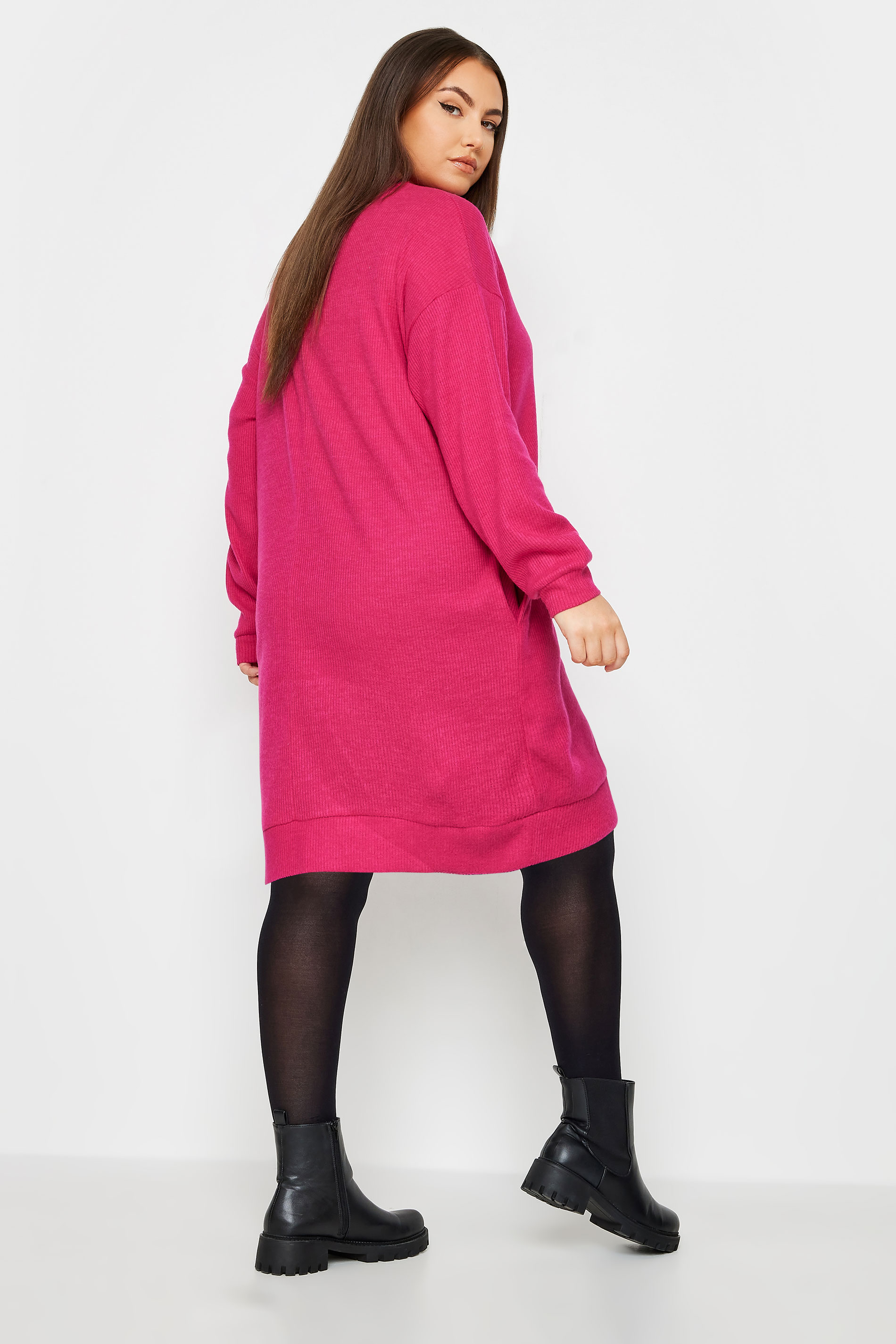 YOURS Plus Size Pink Ribbed Soft Touch Jumper Dress | Yours Clothing 3