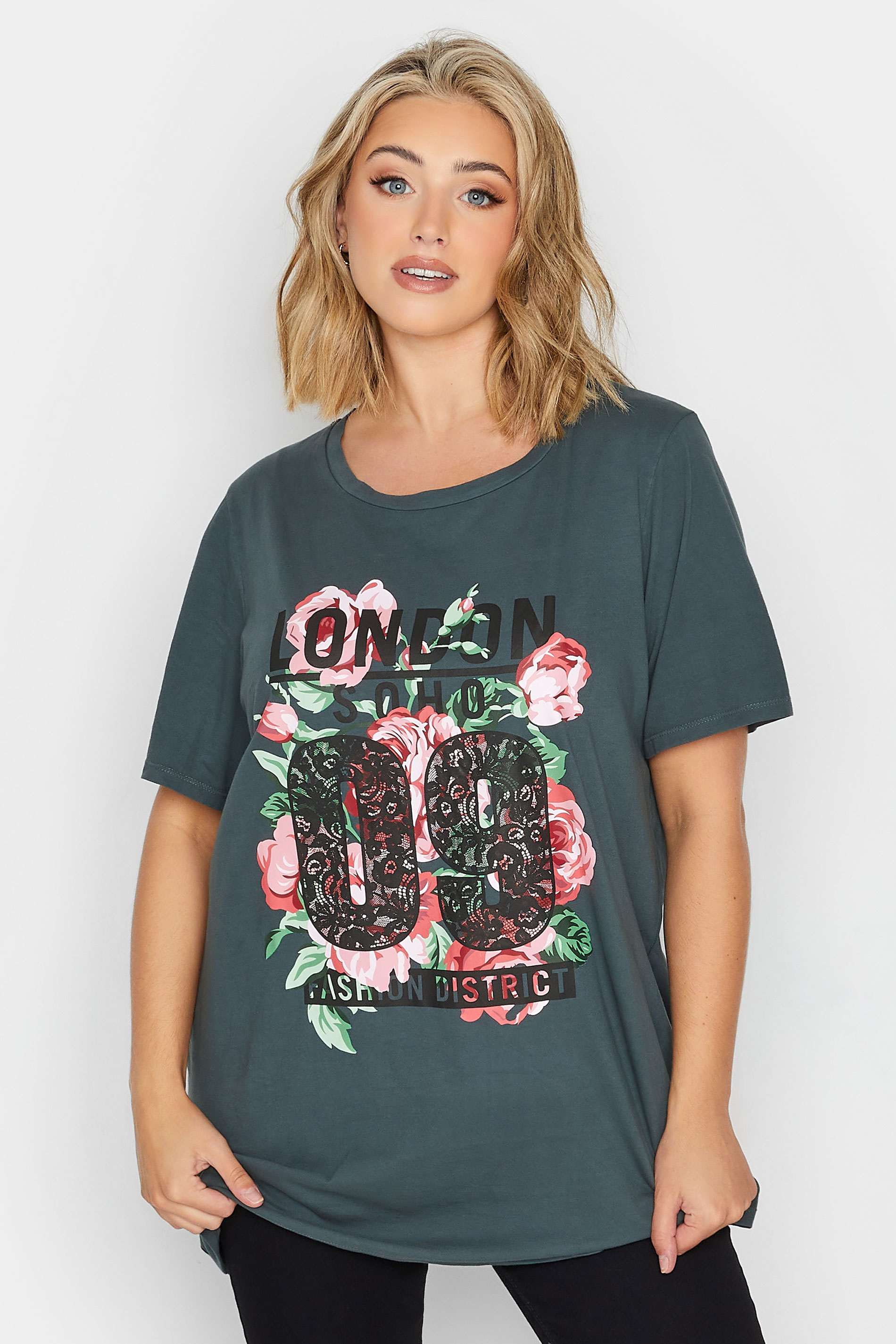 YOURS Plus Size Grey Acid Wash 'London' Rose Print T-Shirt | Yours Clothing 1