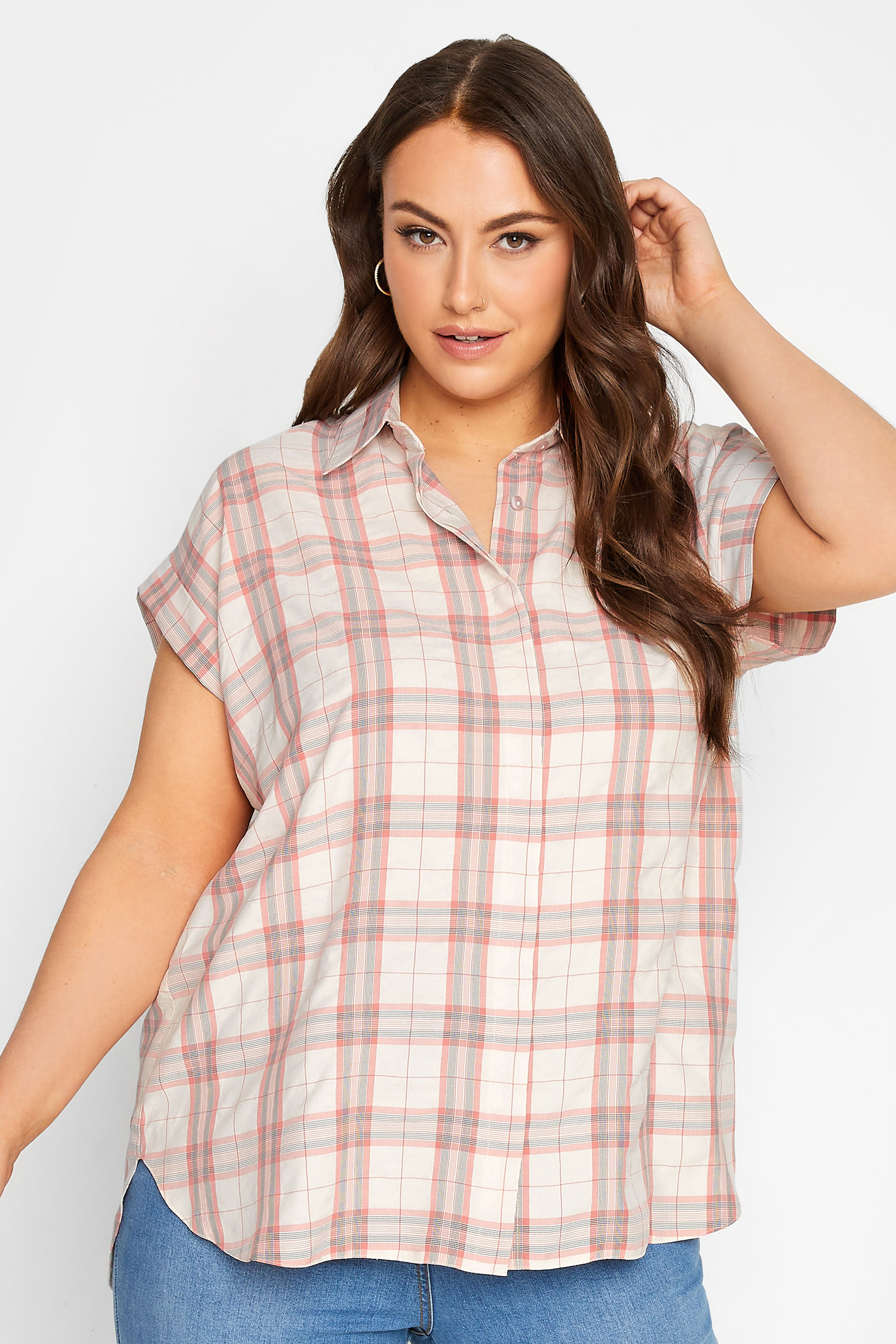 YOURS Plus Size Pink Check Print Collared Shirt  | Yours Clothing 1