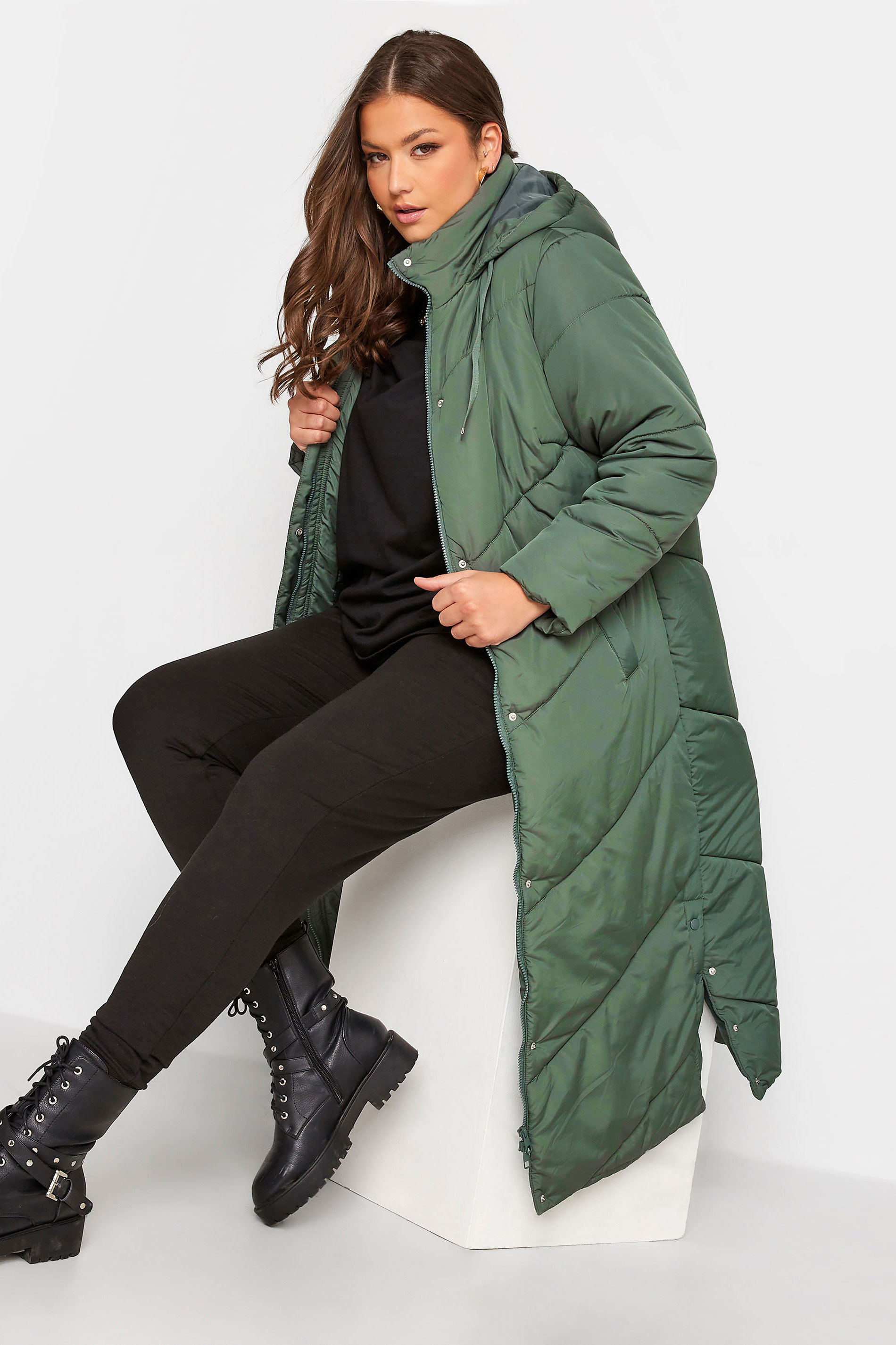 Plus Size Sage Green Padded Maxi Coat | Yours Clothing 1