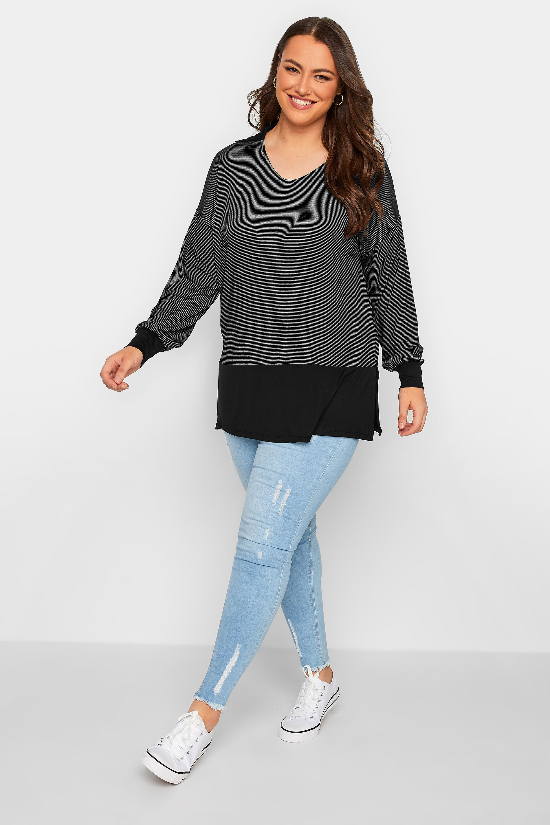 YOURS Plus Size Curve Black Stripe Polo Scoop Neck Top | Yours Clothing  2