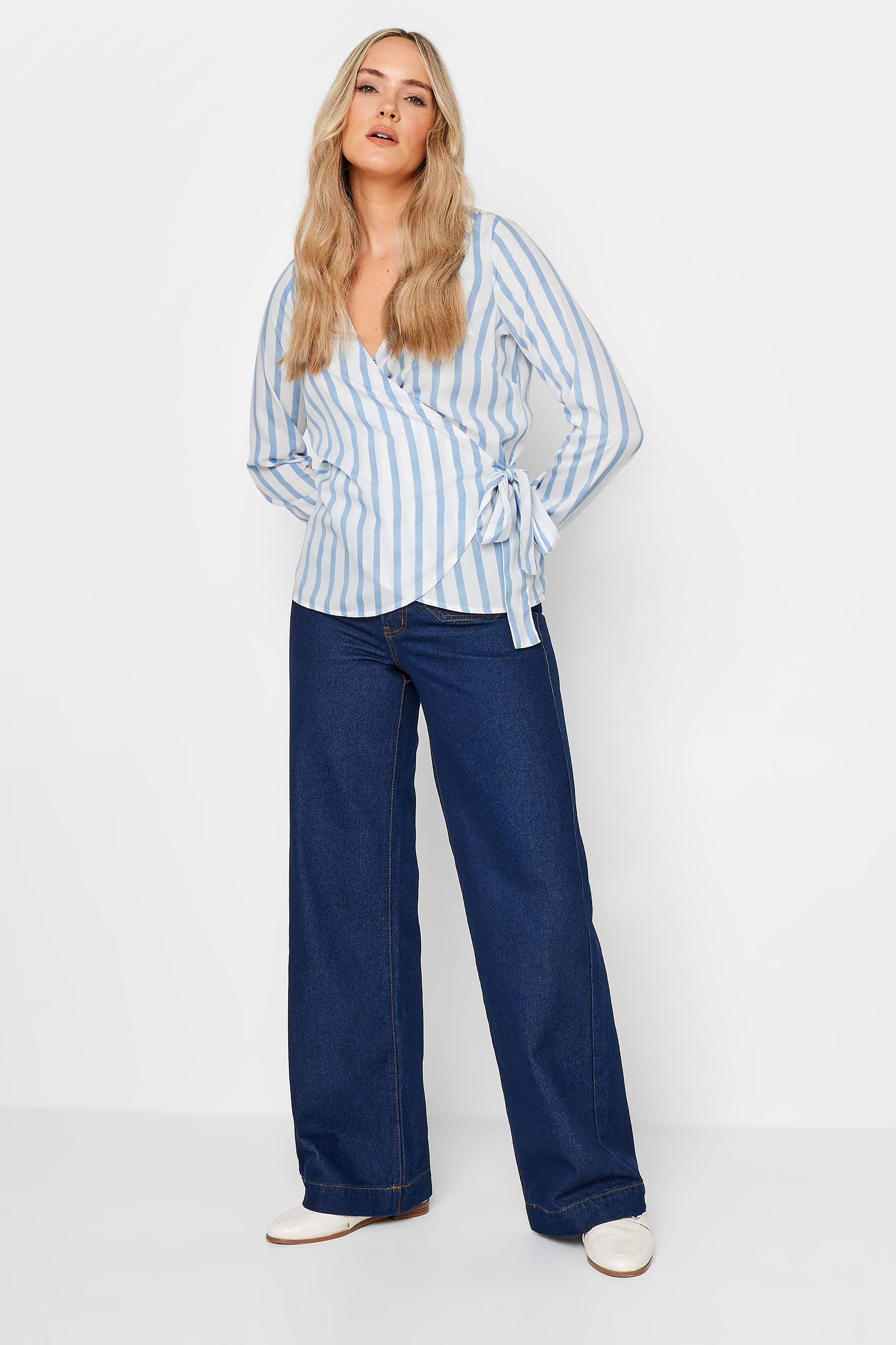 LTS Tall Womens Blue & White Stripe Collared Wrap Top | Long Tall Sally 3