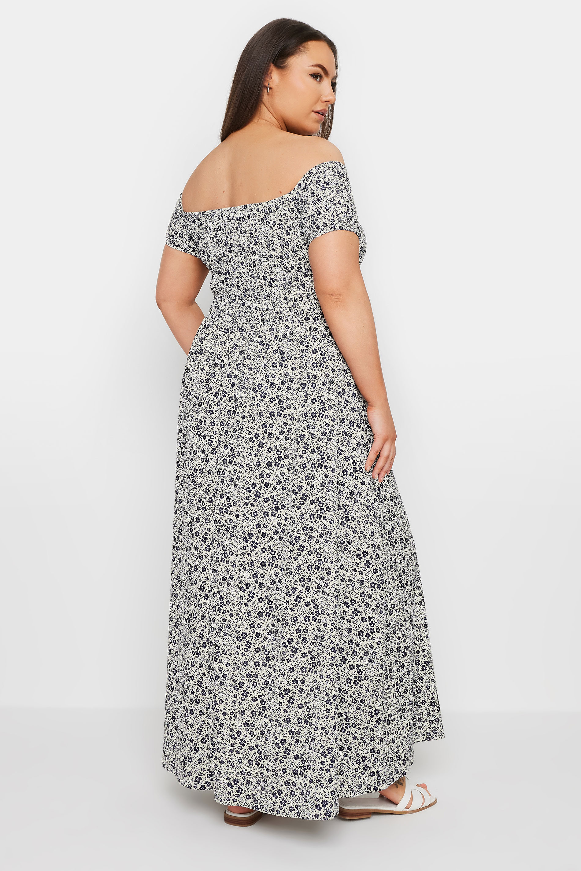 YOURS Plus Size Grey Floral Print Bardot Midaxi Dress | Yours Clothing 3