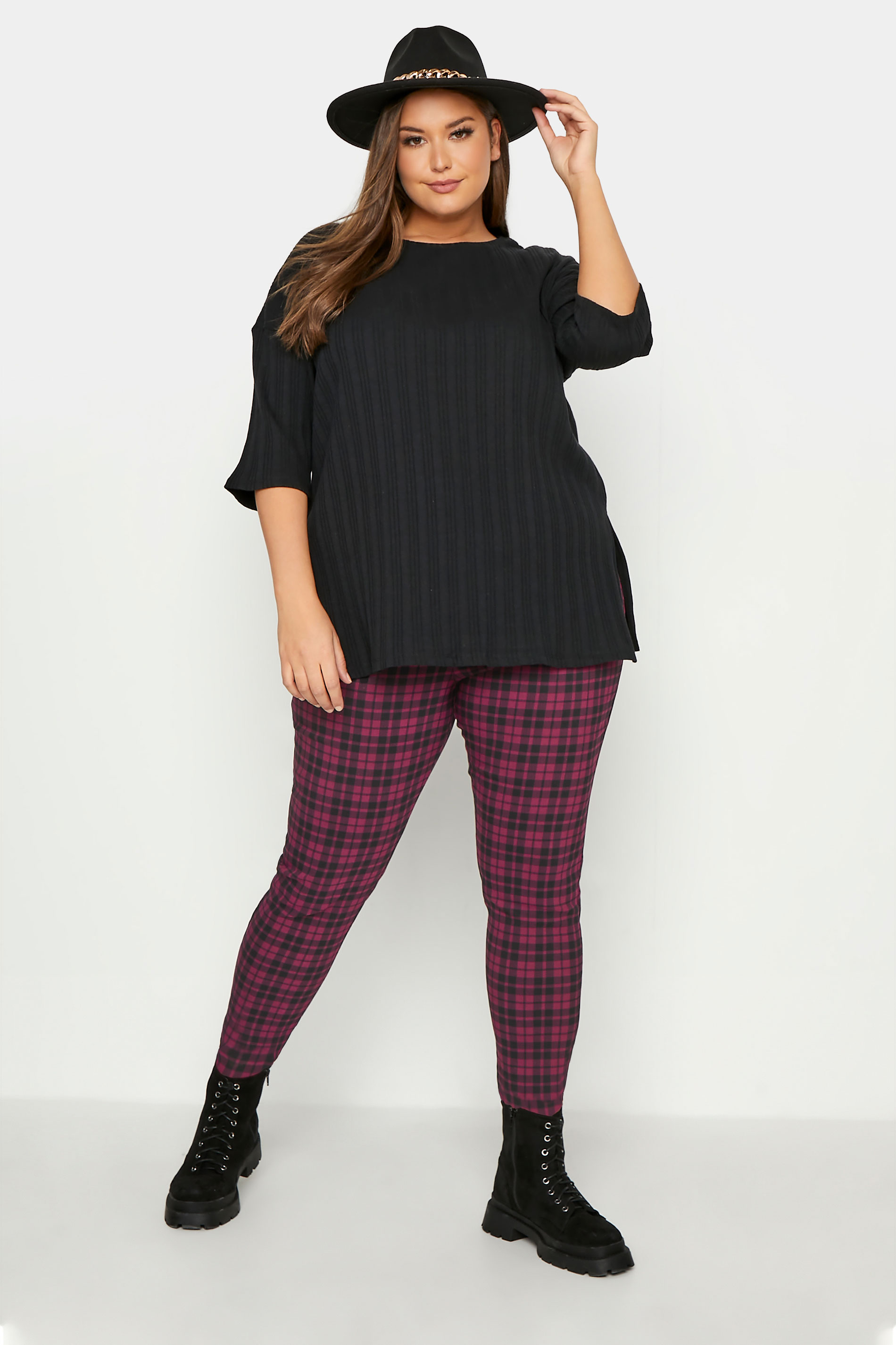 Plus Size Berry Red Bengaline Check Trousers | Yours Clothing
