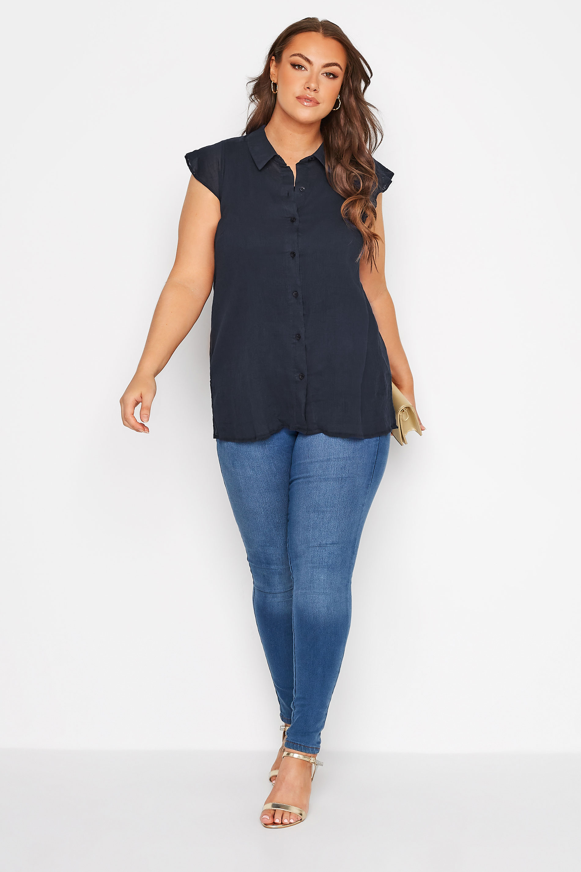Plus Size Navy Blue Button Through Dipped Hem Shirt | Yours Clothing 2