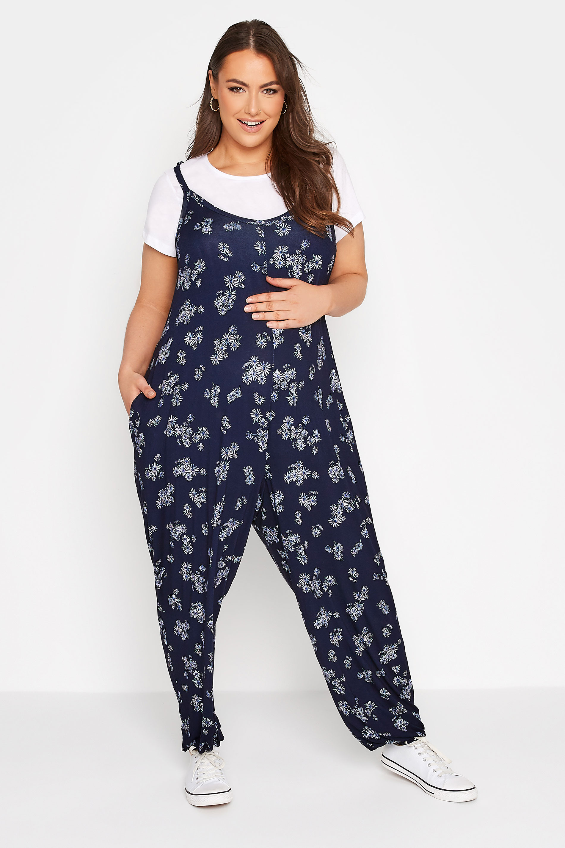 BUMP IT UP MATERNITY Plus Size Navy Blue Daisy Print Jumpsuit | Yours Clothing  1