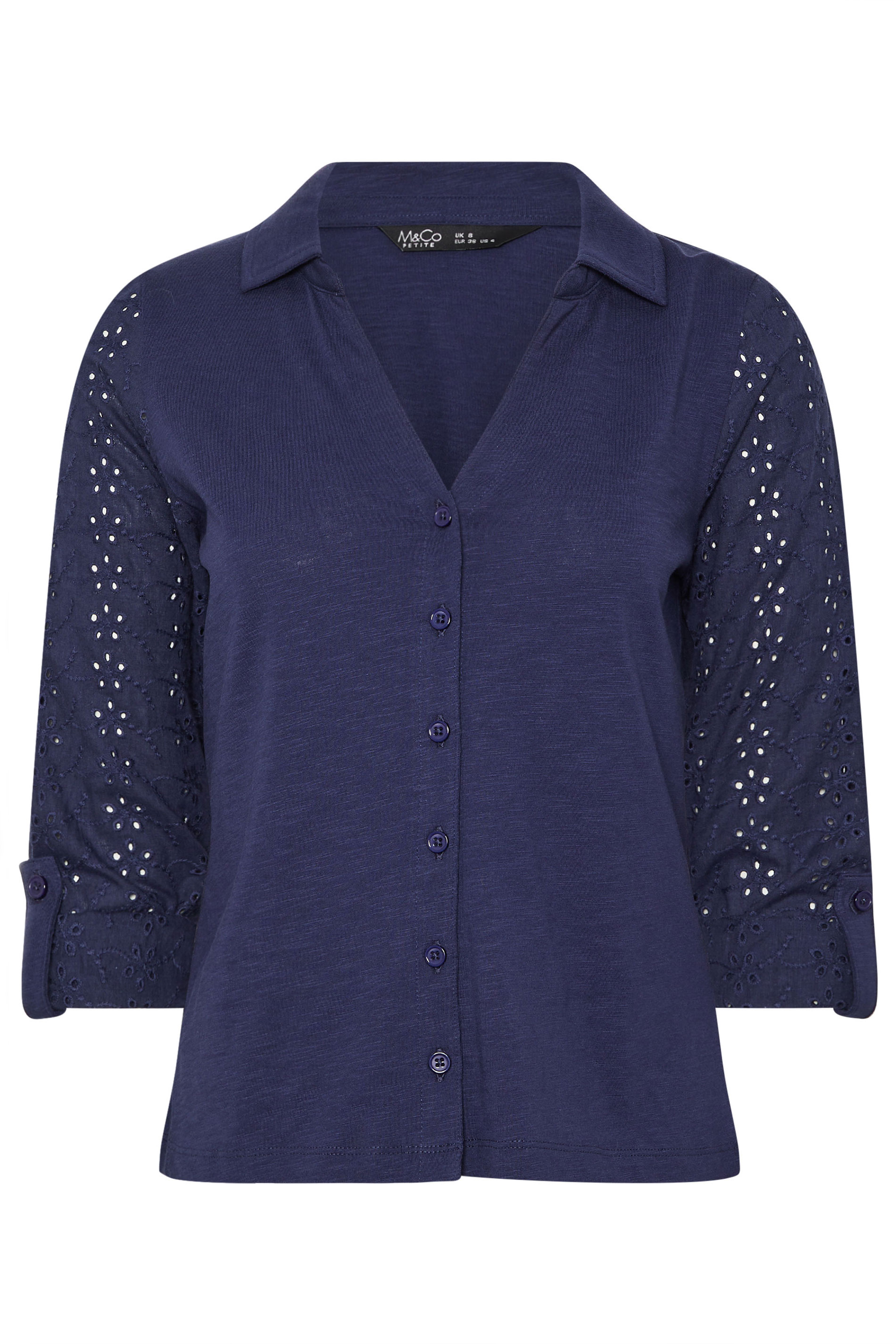 M&Co Petite Navy Blue Broderie Sleeve Cotton Shirt | M&Co 5