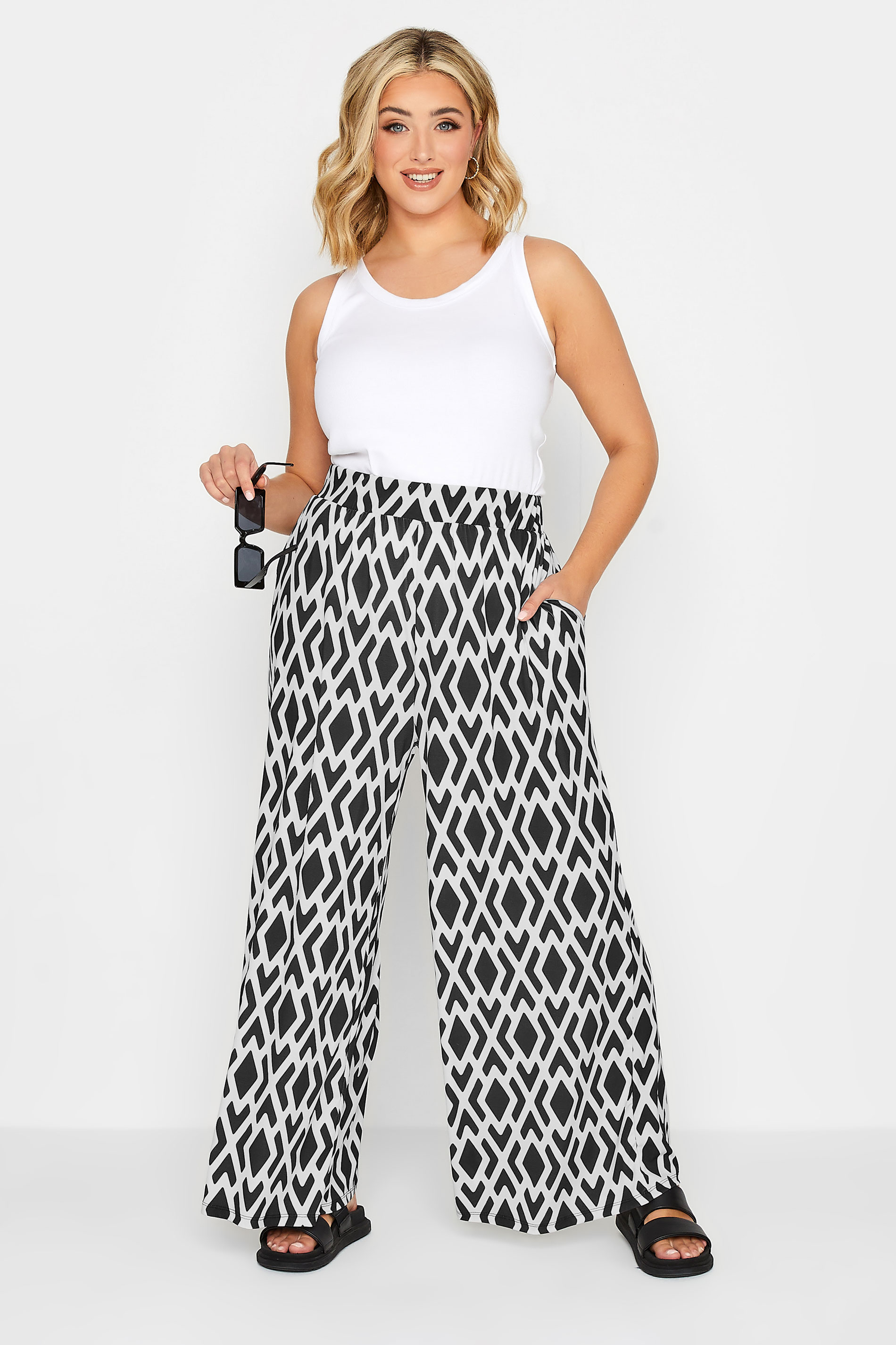 YOURS Curve Plus Size White Geometric Print Wide Leg Trousers | Yours Clothing 2