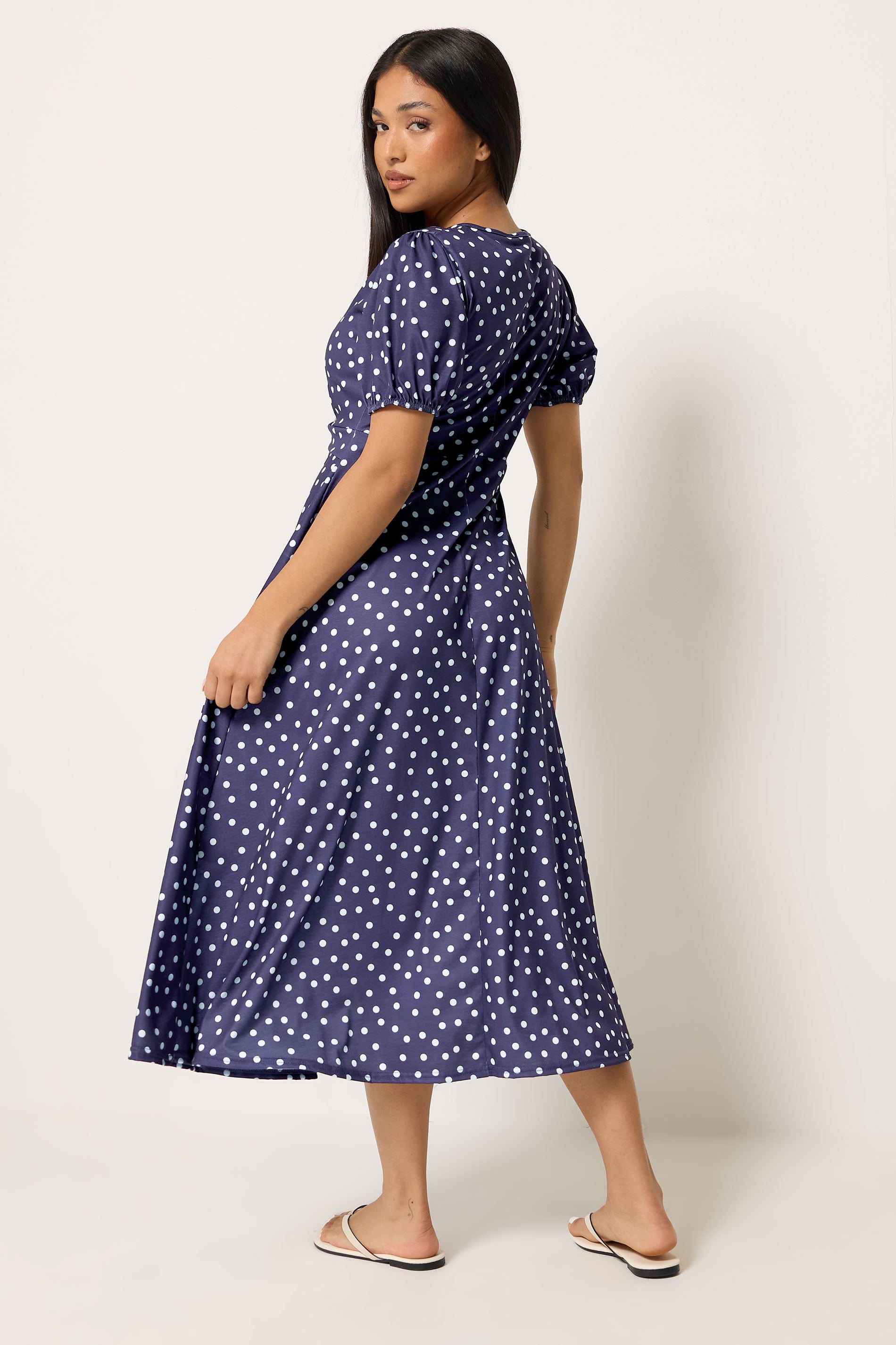 M&Co Petite Navy Blue Polka Dot Twist Front Maxi Dress | M&Co 2