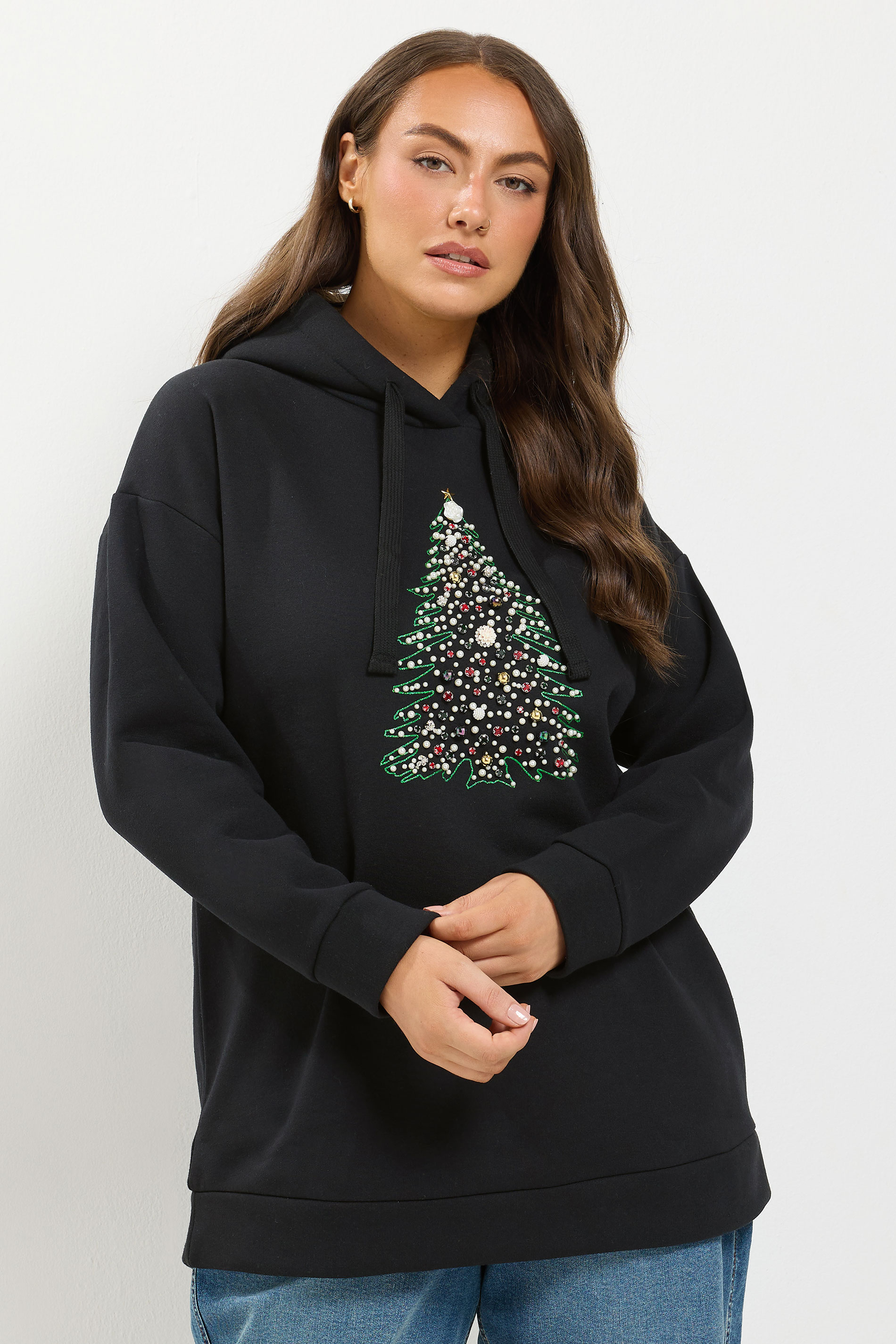 Yours Zwarte Hoodie Met Versierde Kerstboom Size 44