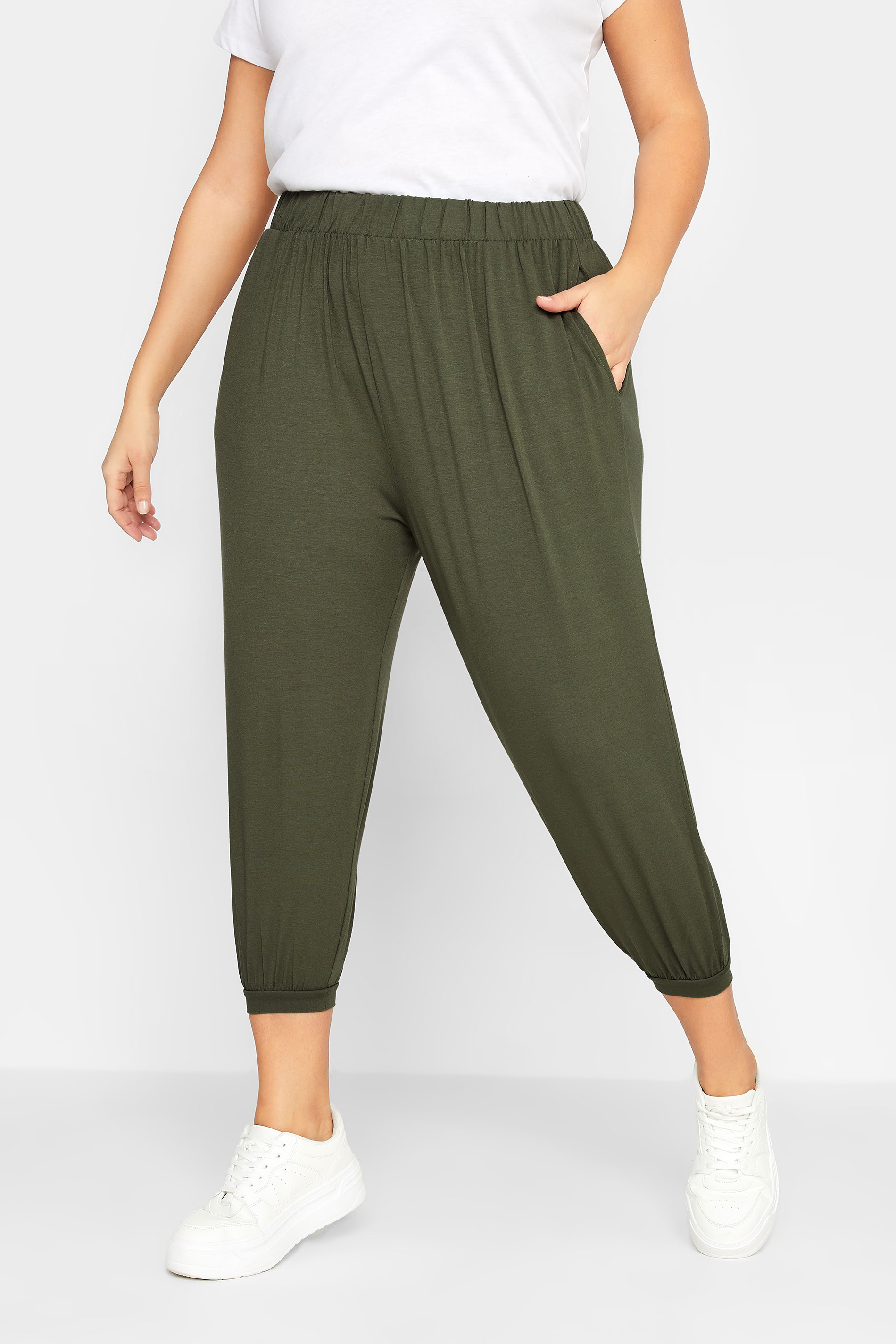 YOURS Plus Size Khaki Green Jersey Cropped Harem Trousers | Yours Clothing 1