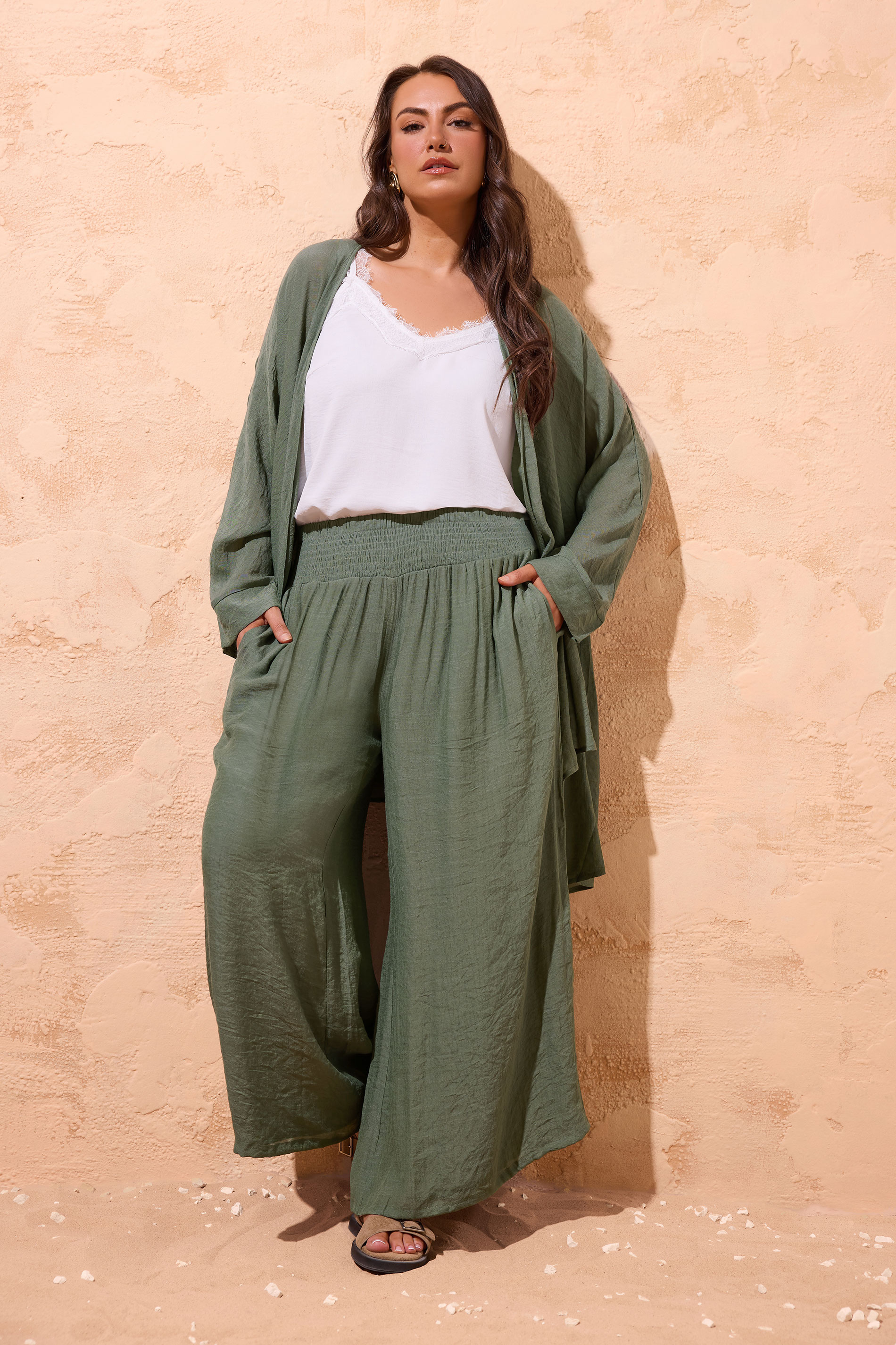 EVANS Plus Size Khaki Green Wide Leg Trouser | Evans 3