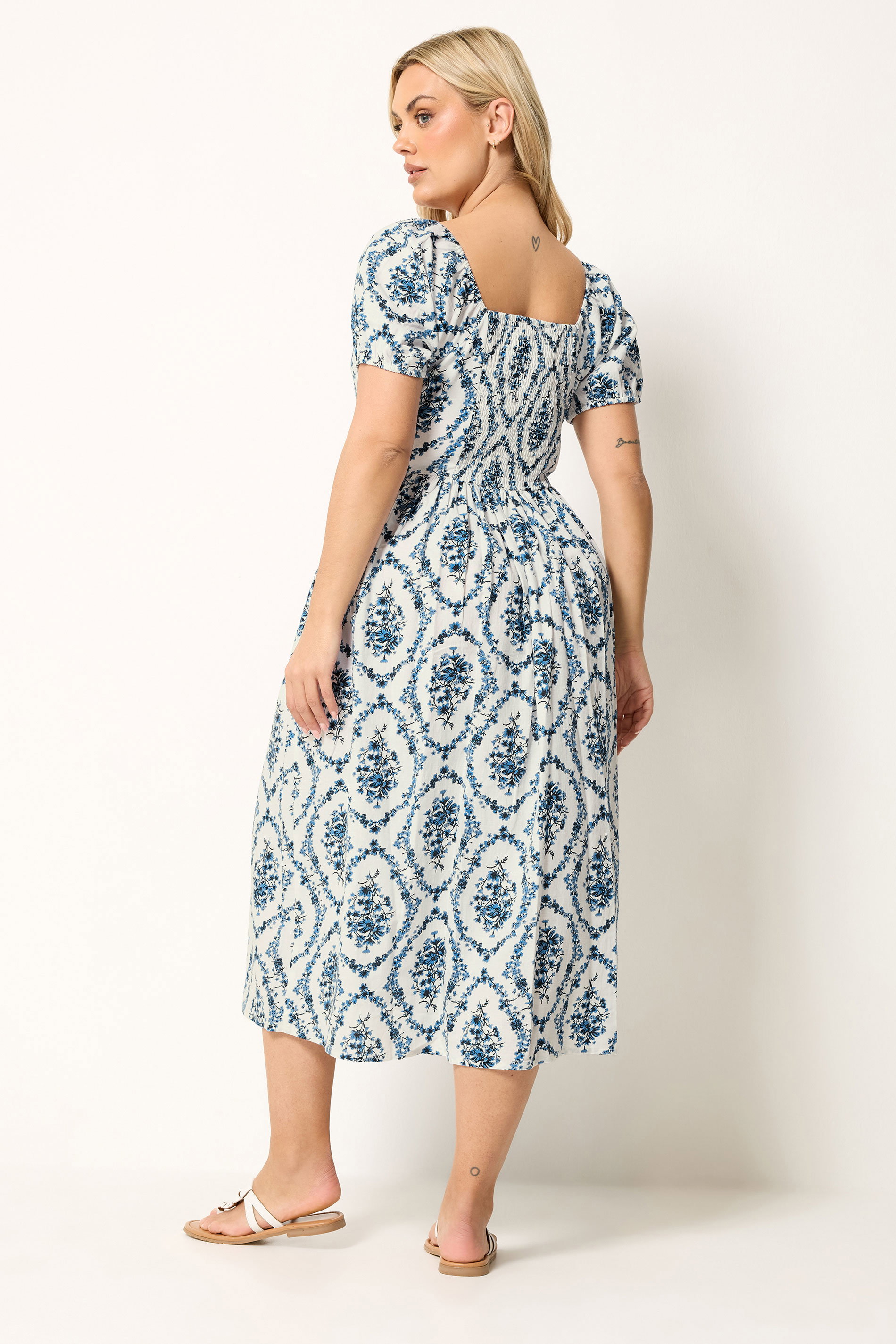 YOURS Plus Size White & Blue Floral Linen Midaxi Dress | Yours Clothing 2