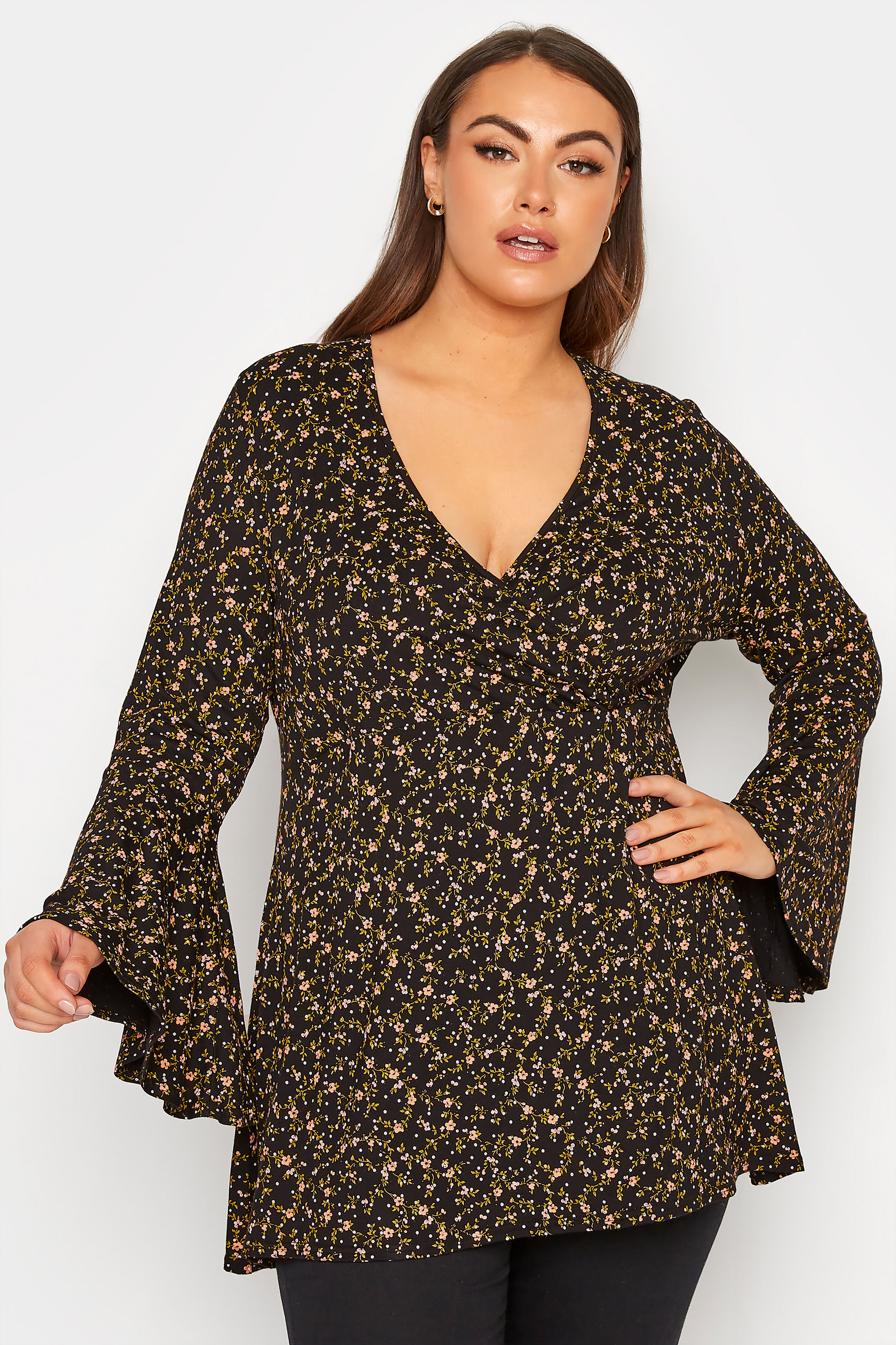 LIMITED COLLECTION Curve Black Ditsy Floral Flare Sleeve Wrap Top_A.jpg