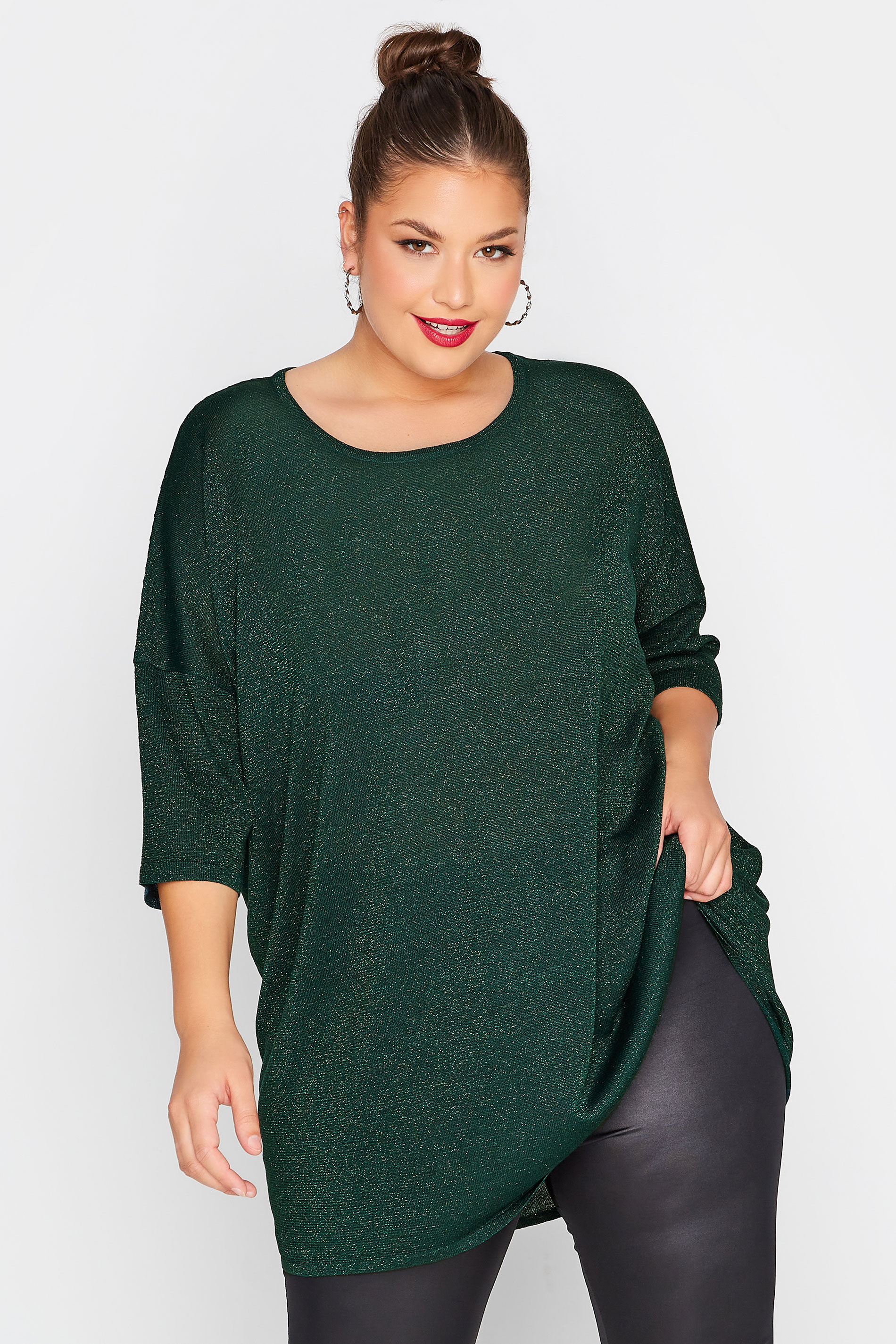 Plus Size Curve Green Glitter Drop Shoulder Knitted Top | Yours Clothing 1