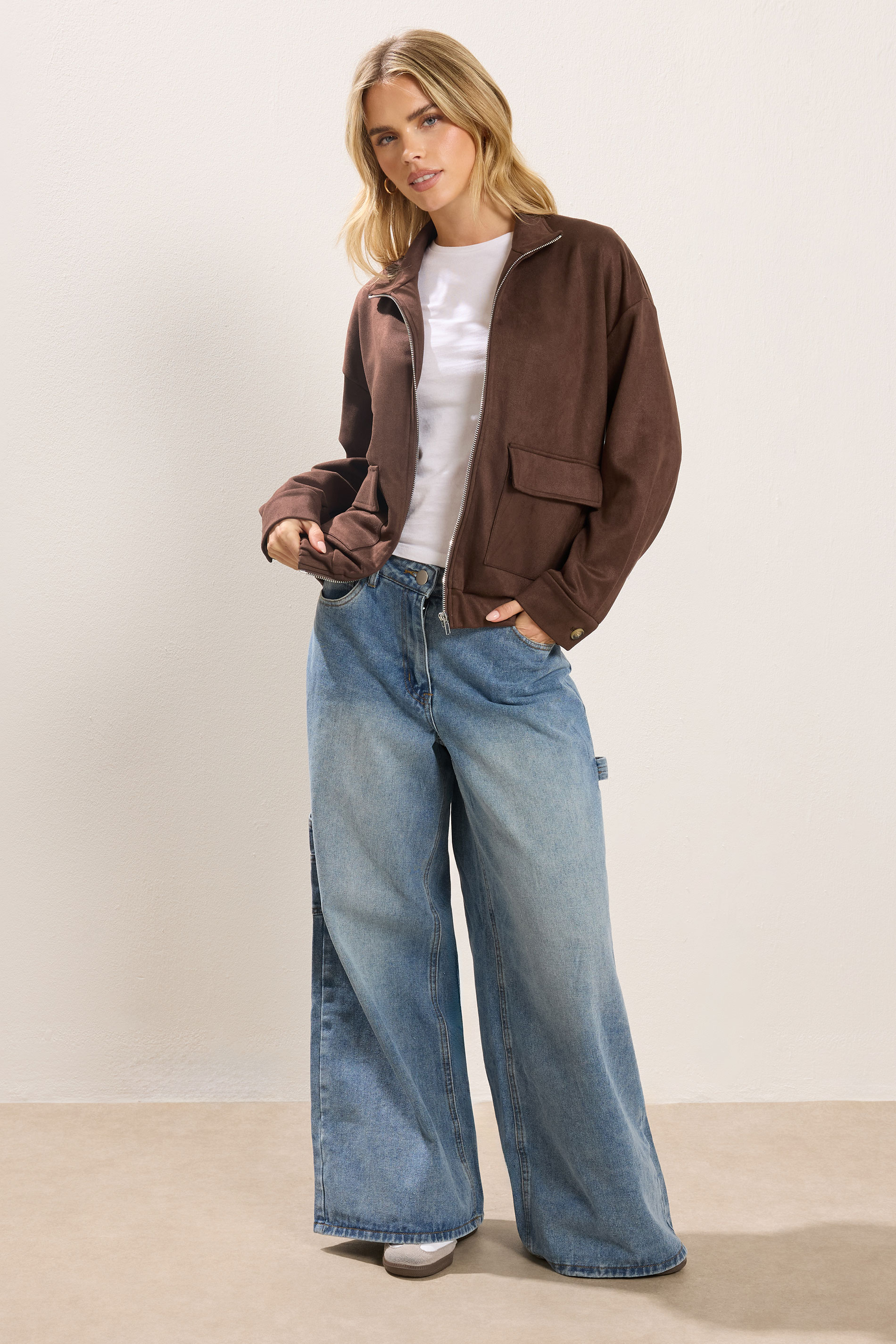 PixieGirl Petite Women's Chocolate Brown Faux Suede Bomber Jacket | PixieGirl 1
