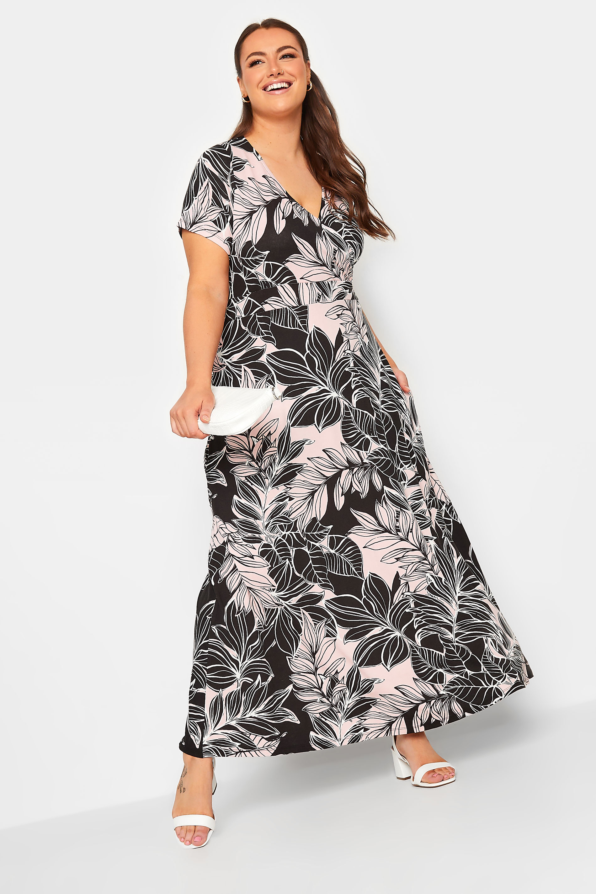 YOURS Curve Black & Pink Leaf Print  Midaxi Wrap Dress | Yours Clothing  1