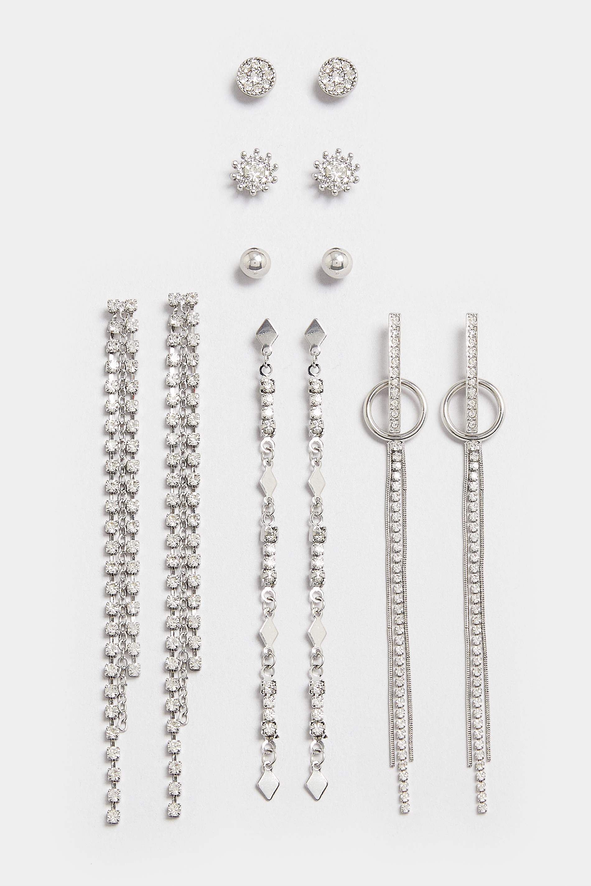 6 PACK Silver Tone Diamante Tassle & Stud Earring Set | Yours Clothing 3