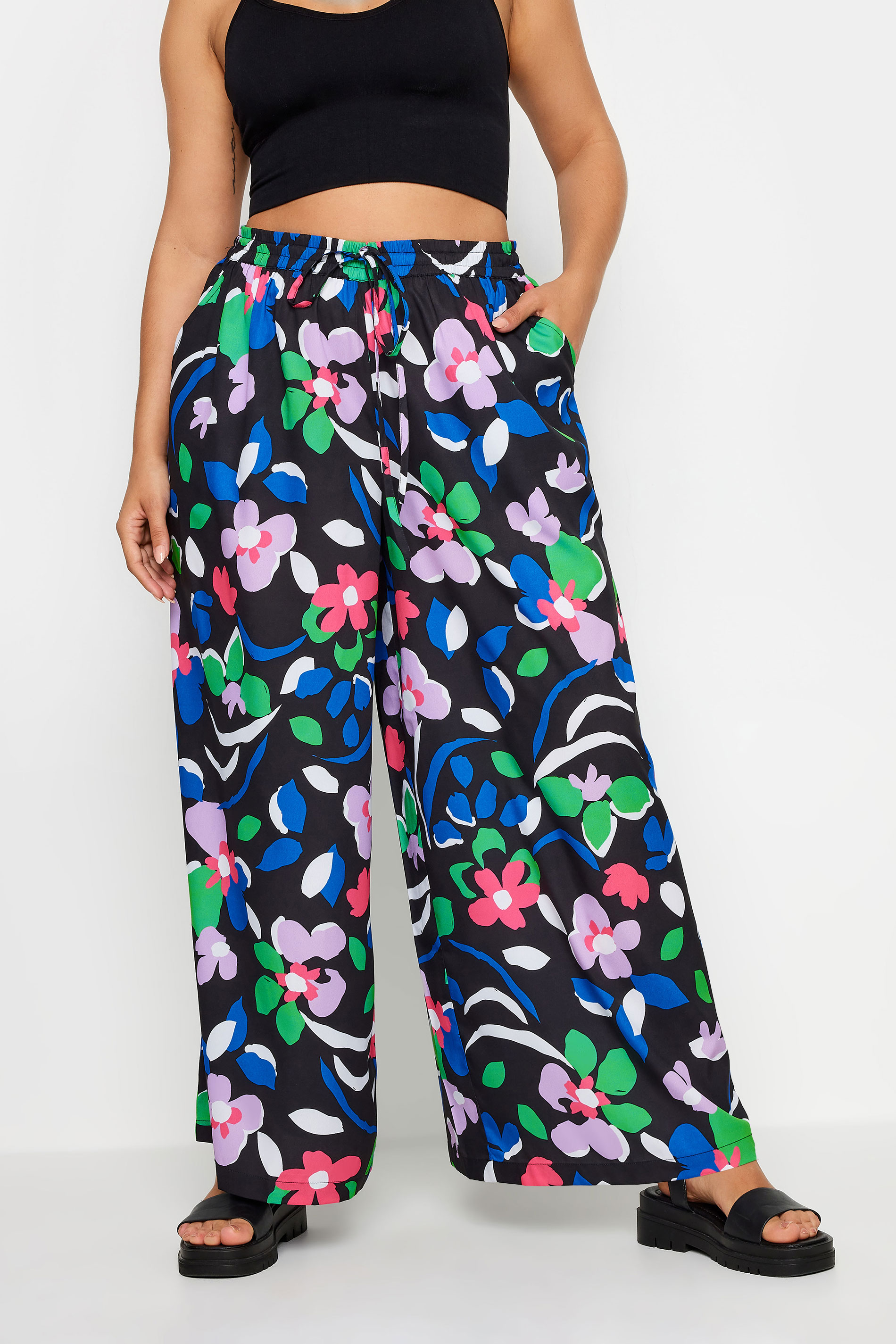 YOURS Plus Size Black Floral Print Drawstring Wide Leg Trousers | Yours Clothing 1