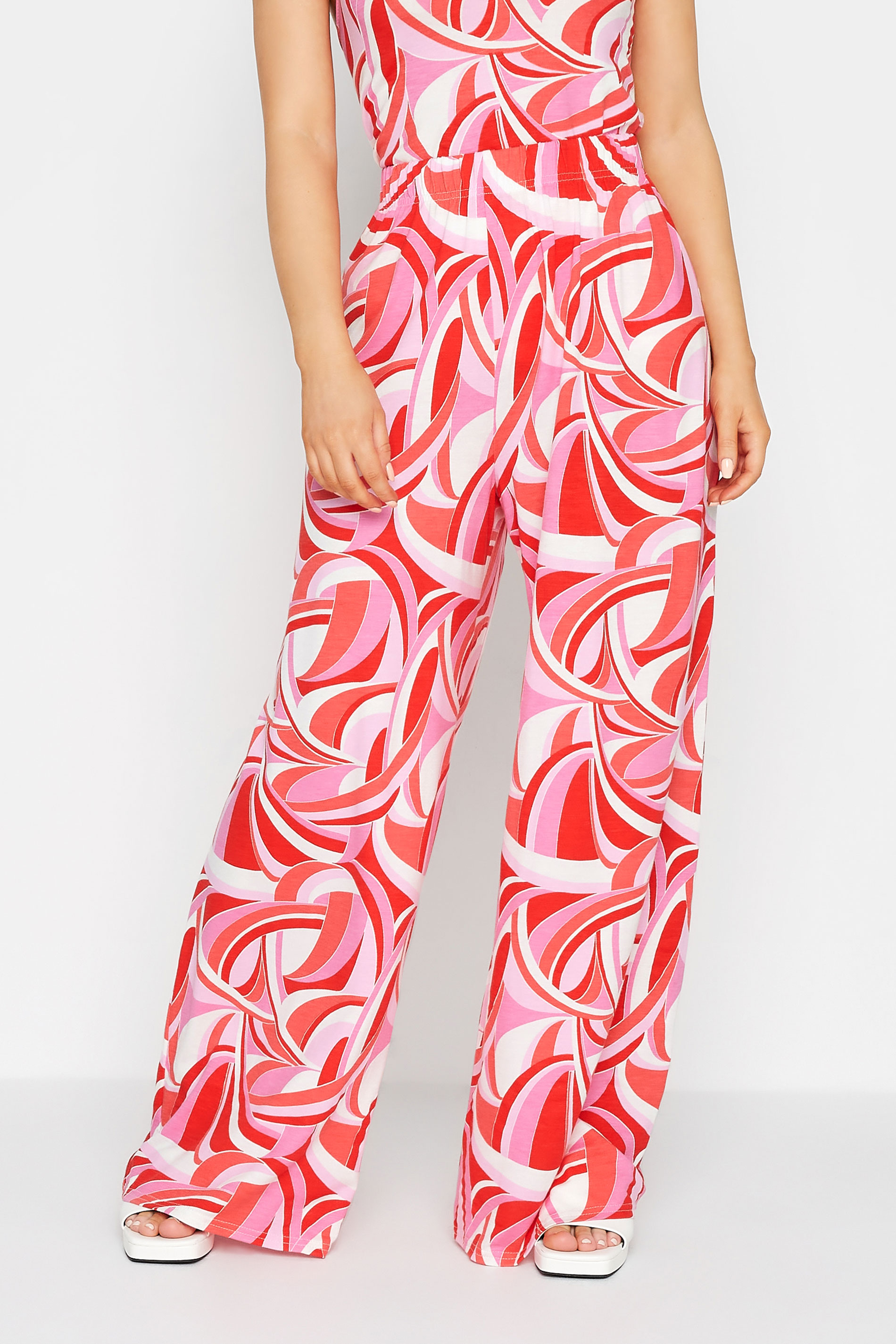 Petite Pink Swirl Print Wide Leg Trousers | PixieGirl 1
