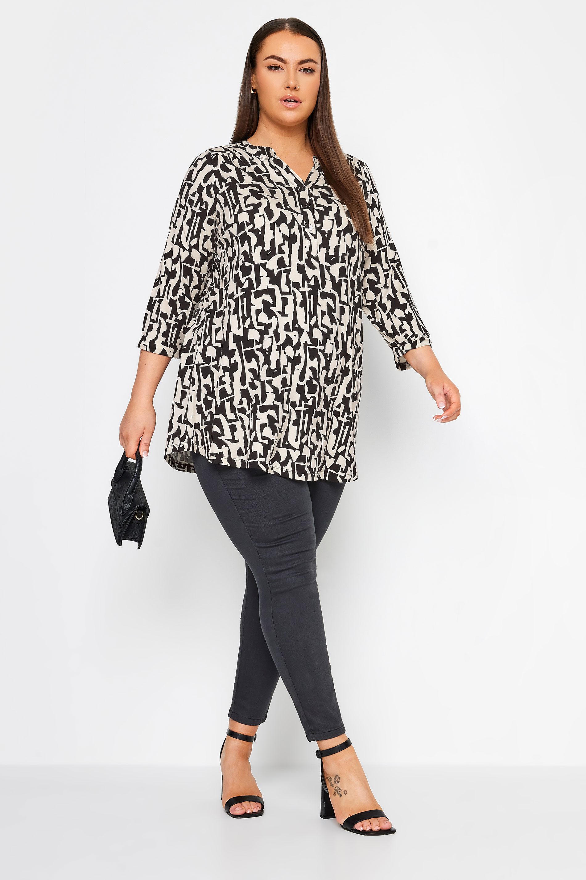YOURS Plus Size Black & Ivory White Abstract Print Oversized Shirt | Yours Clothing 2