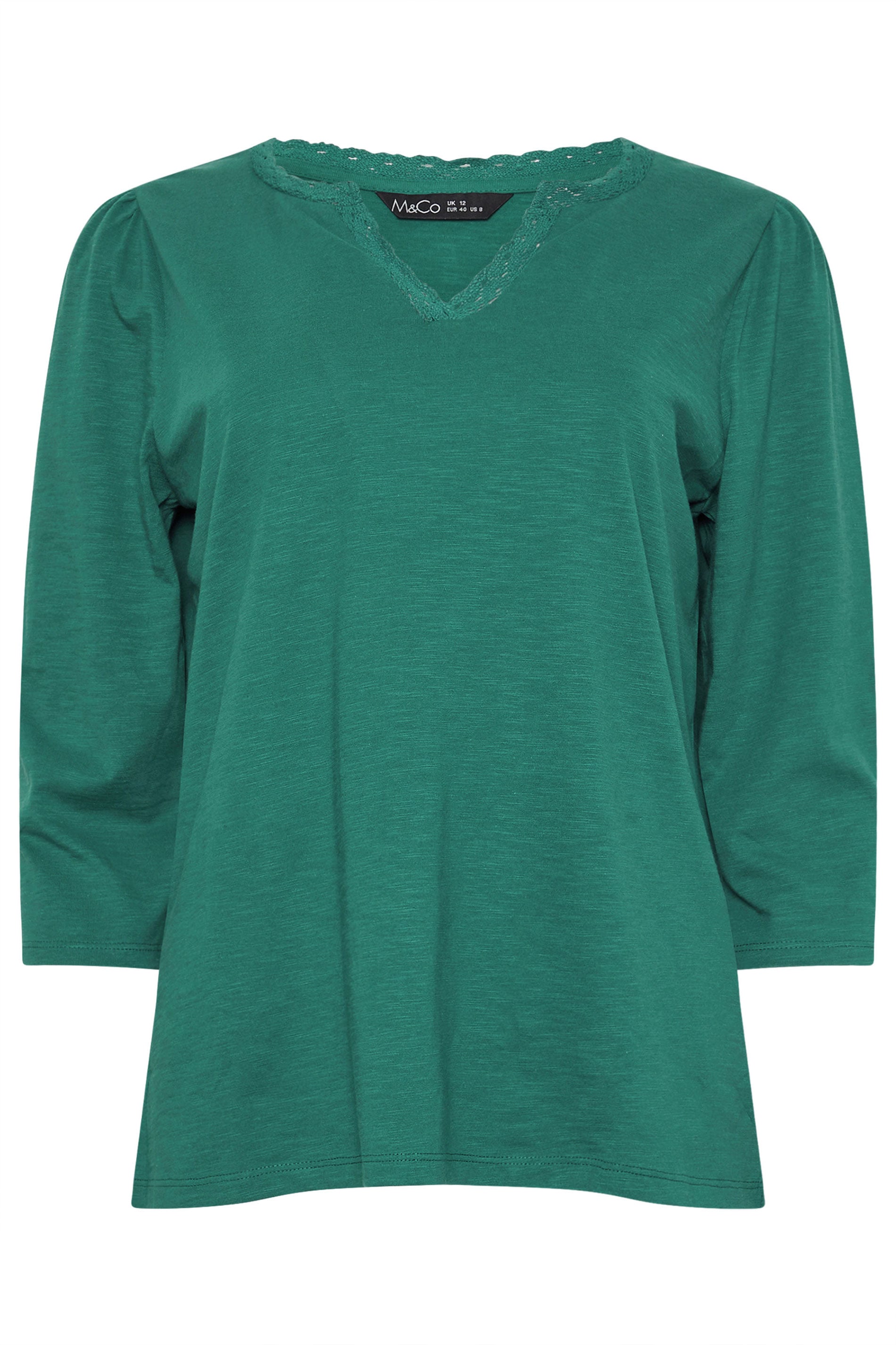 M&Co 2 PACK Teal Blue Floral Print & Plain Lace Trim Cotton T-Shirts | M&Co 9