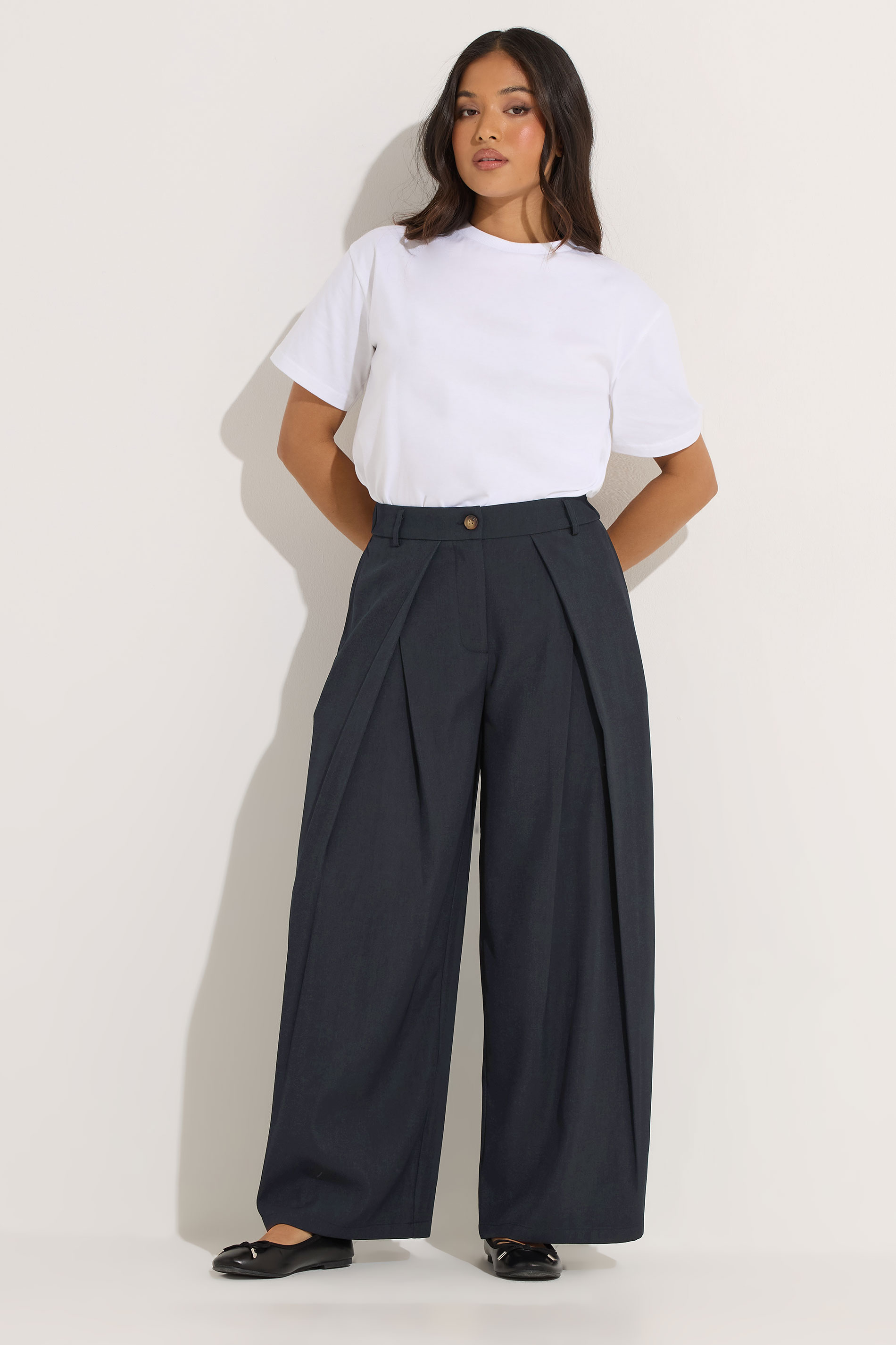 PixieGirl Petite Women's Navy Blue Wrap Pleated Wide Leg Trousers | PixieGirl 3