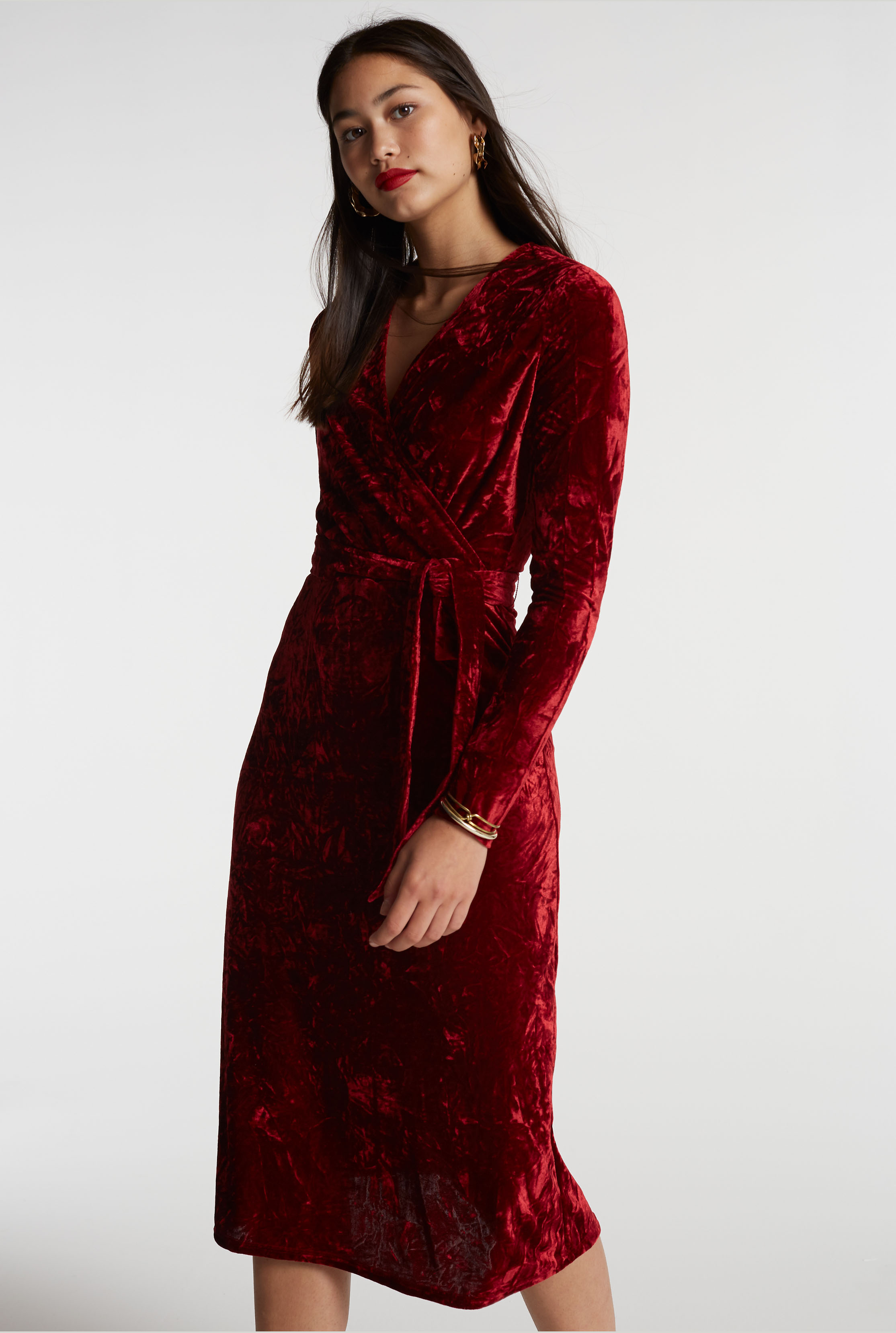 Red Crushed Velvet Wrap Dress | Long 